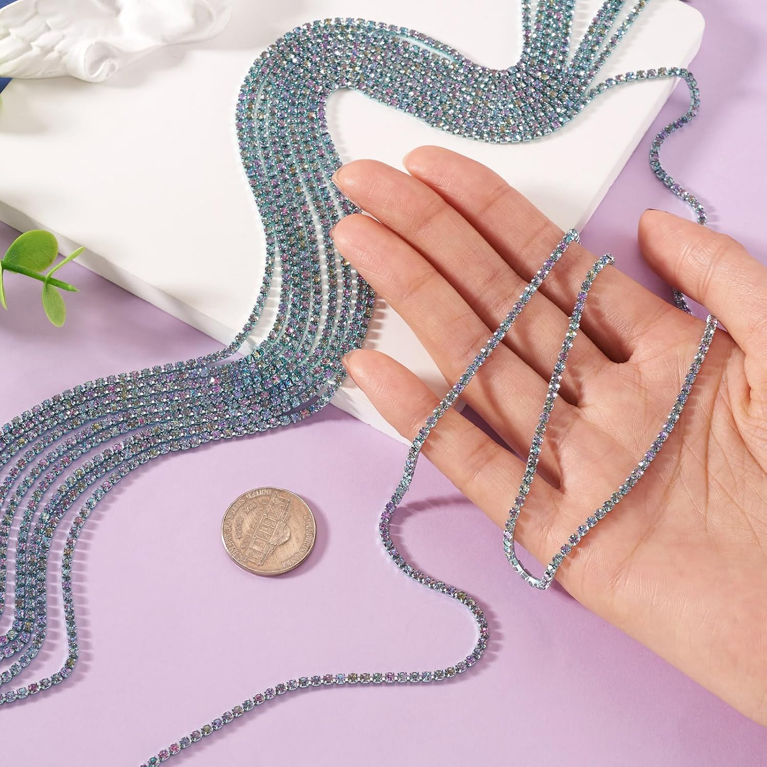 FASHEWELRY 4.8 Yards 2mm Crystal Rhinestone Chain for Craft Iron Close Claw Cup Chains Diamond Strips Rhinestone Trim for Sewing Clothes Shoes DIY Craft Wedding Decoration Iridescent Light Cyan image 2