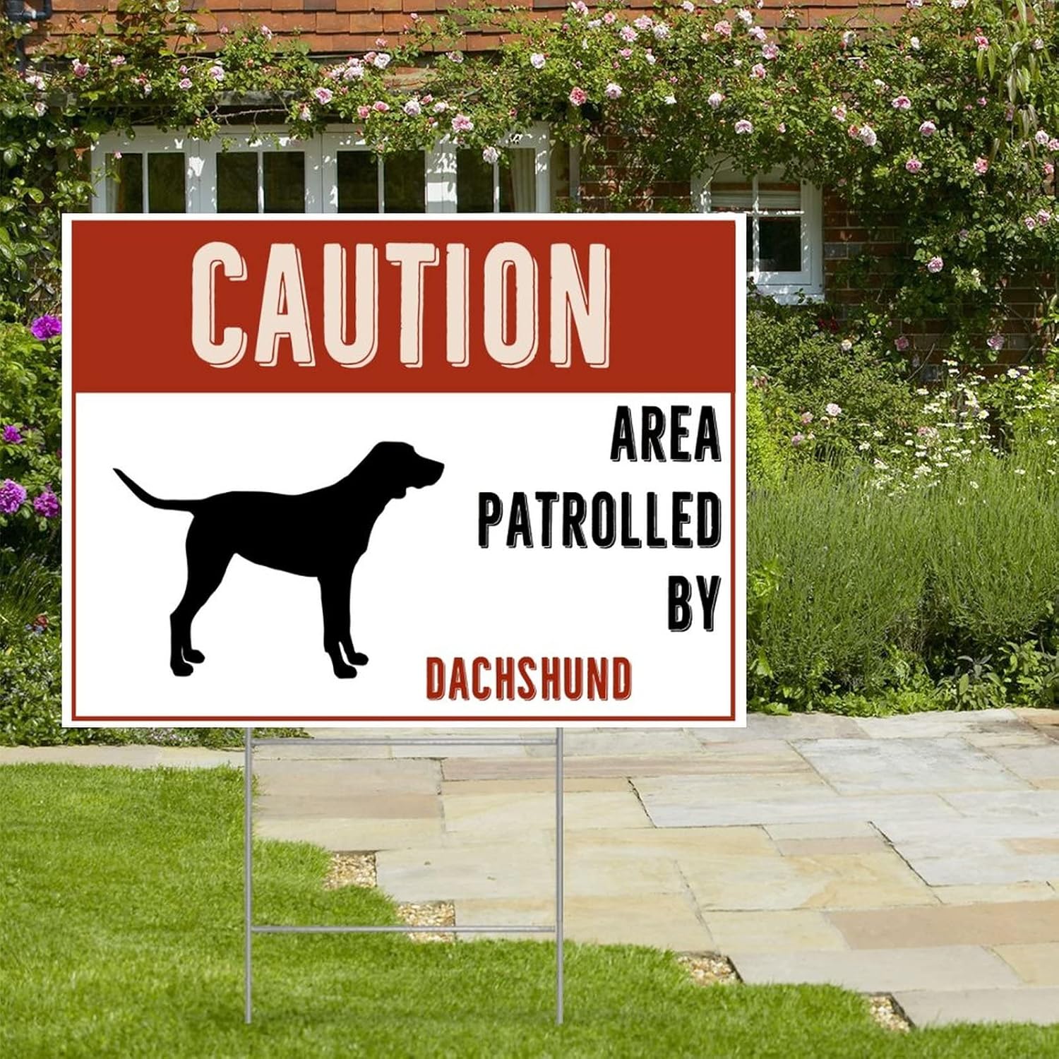 Caution Area Patrolled by Dachshund Dog Farmhouse Yard Sign with H-Stakes 18x24 Inch Double Sided Corrugated Plastic Outdoor Warning Notice Sign for Road Street Countryside Lawn Decor