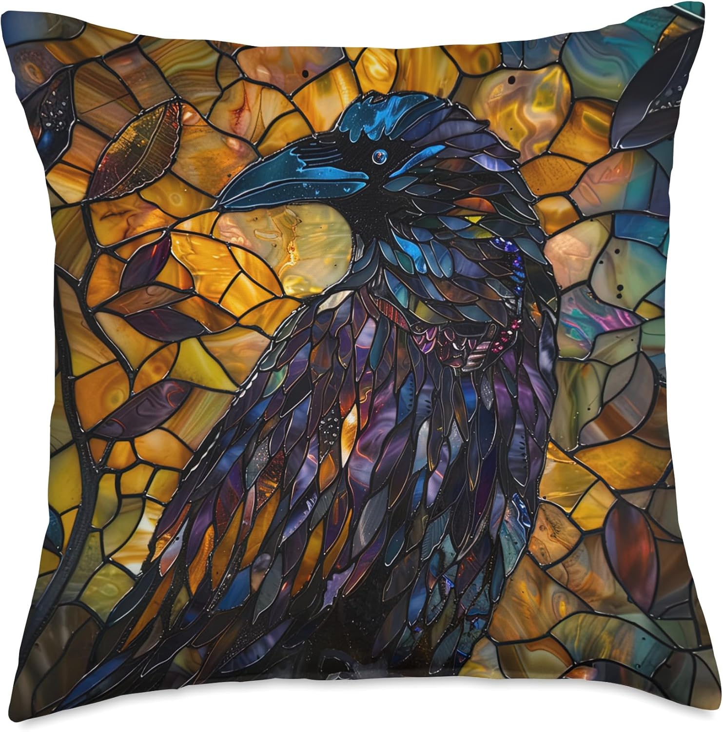 Stained Glass Crow Raven Gothic Soft Grunge Black Bird Goth Throw Pillow