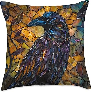 Stained Glass Crow Raven Gothic Soft Grunge Black Bird Goth Throw Pillow