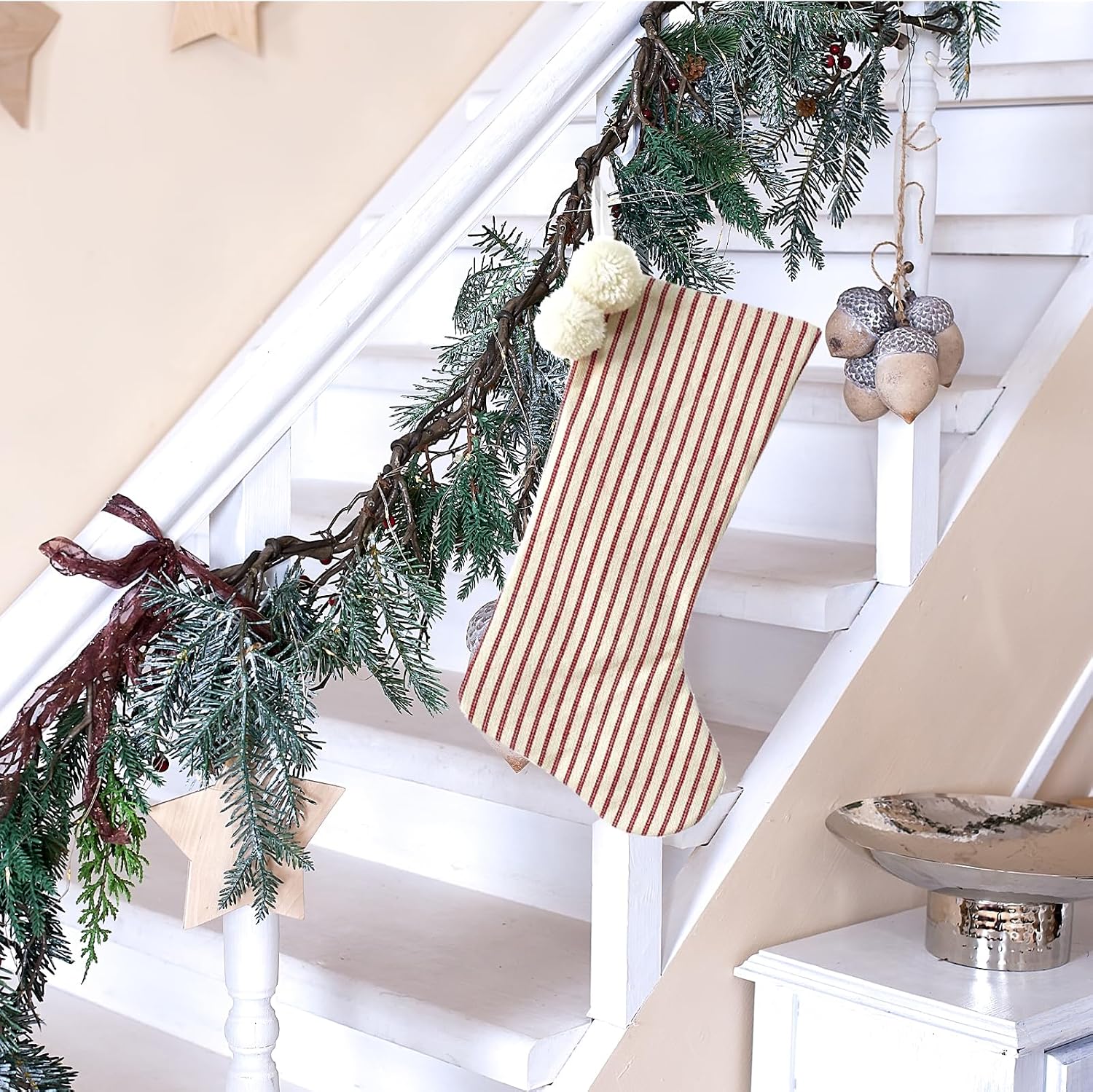 Christmas Stockings, White Faux Fur Xmas Fireplace Hanging Ornaments Sock Plush Cuffs Candy Stockings for Family Christmas Holiday Decorations