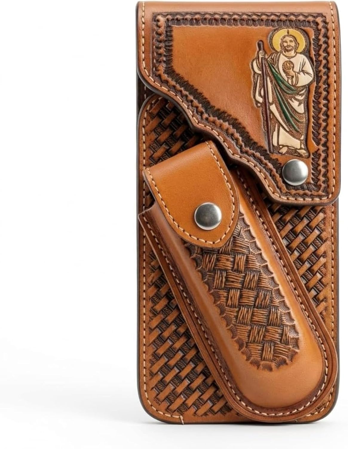 Jesus Basketweave Holster with Knife Sheath Western Leather Phone Belt Pouch Embossed Handmade Cell Phone Case Tooled Case Universal by E g i f t h o m e #EH13250_Pouch Size 7" x 4" x 1" (Tan)