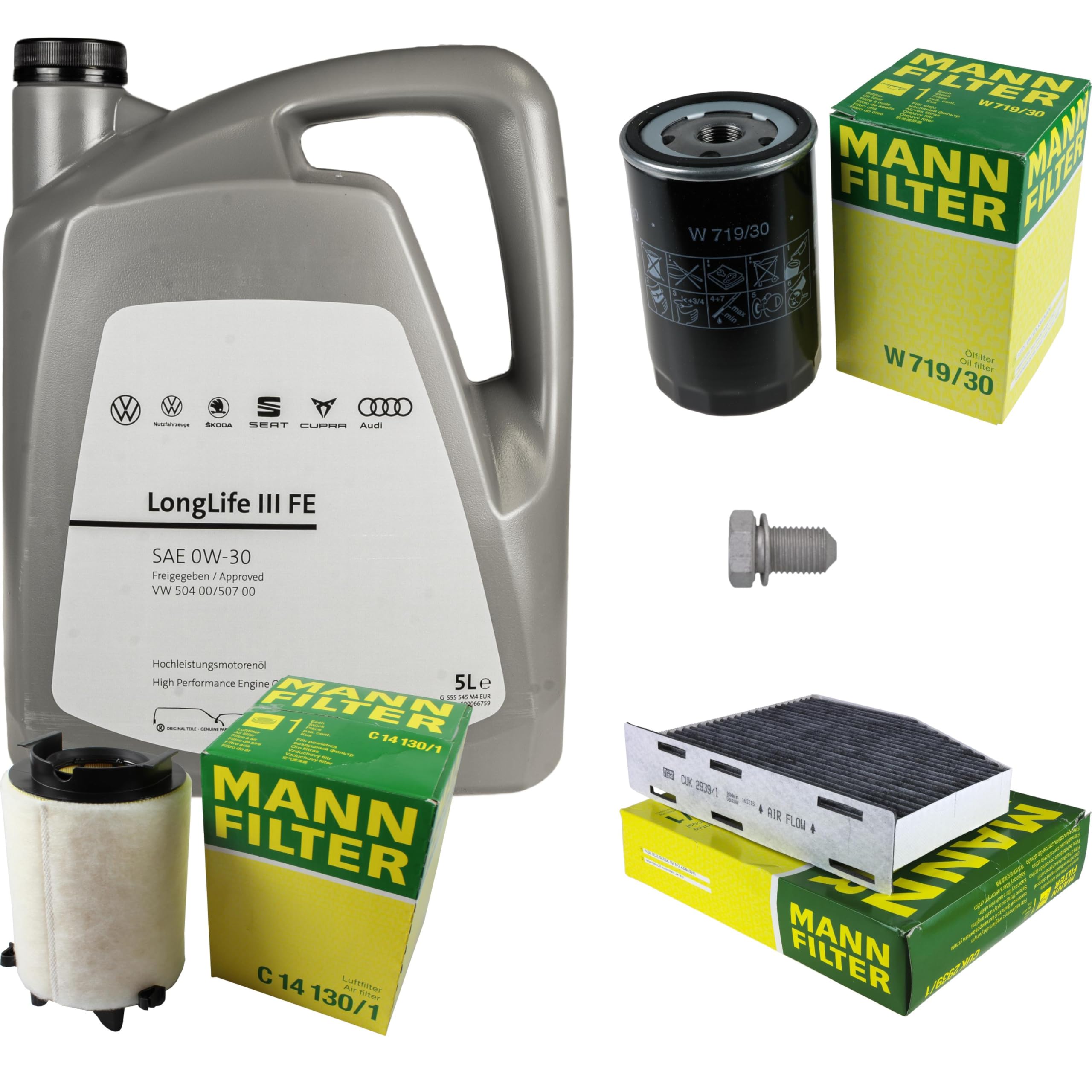 Pacchetto di ispezione pacchetto di manutenzione filtro con 5 l 0W-30 olio motore LongLife 3 FE, filtro dell'olio, filtro dell'aria abitacolo (carbone attivo) vite di scarico dell'olio