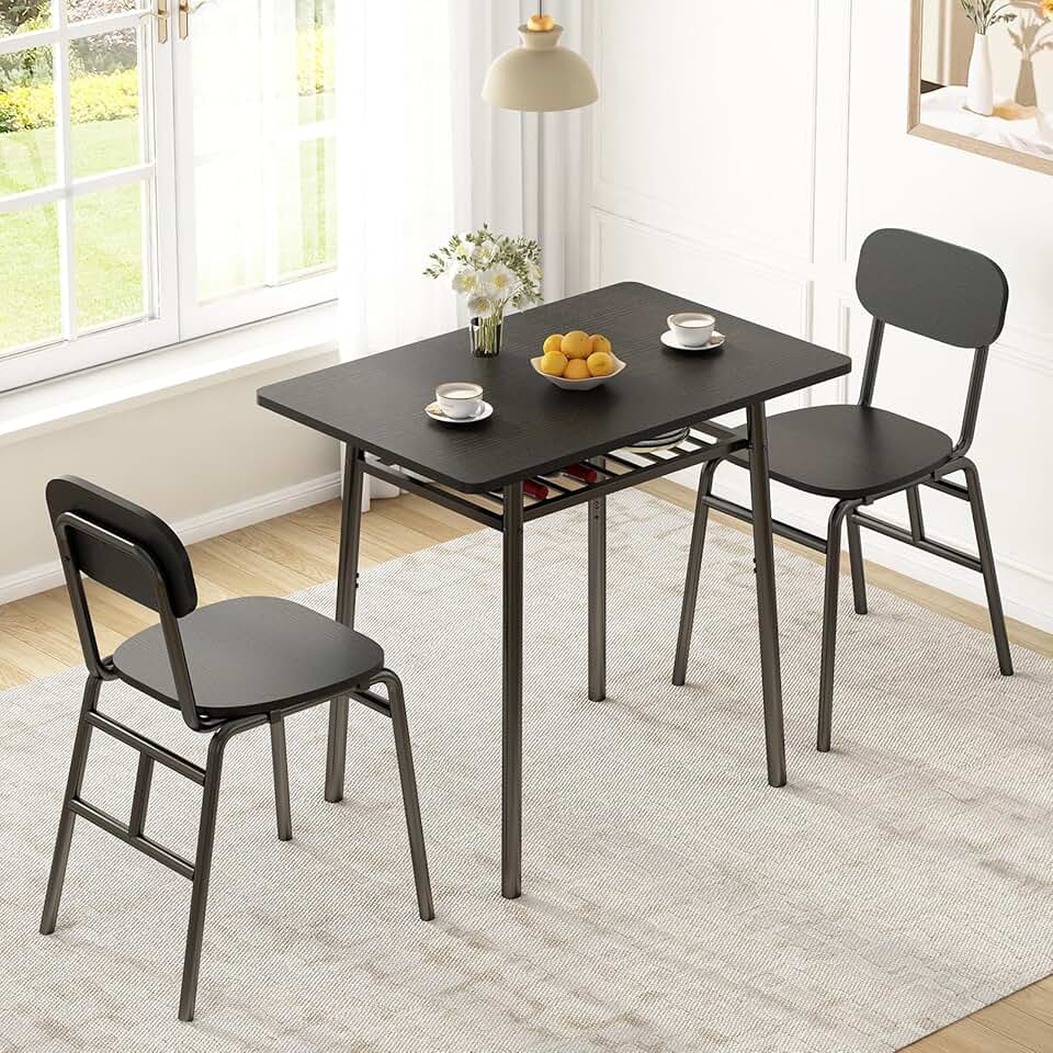 Conjunto Sala de Jantar, Mesa de Jantar 2 Lugares, Espaço de Armazenamento Prático, Ideal para Apartamentos e Espaços Pequenos, Cor Preto