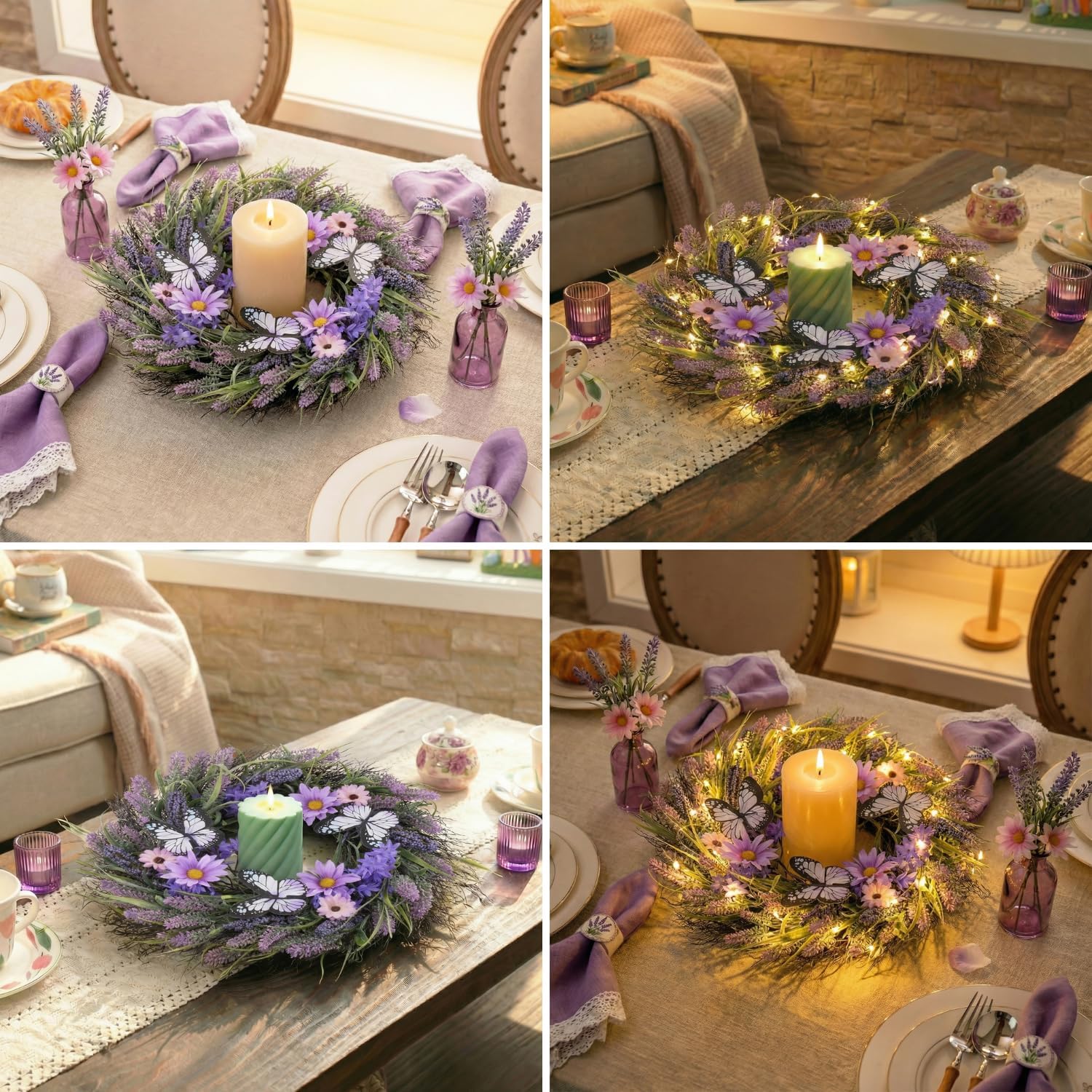 Valery Madelyn Spring Lavender Wreaths for Front Door, Artificial Floral Summer Wreath with Lights Purple Bellflower Berries Butterfly for Home Outside Wedding Porch Window Arch Decor-18''