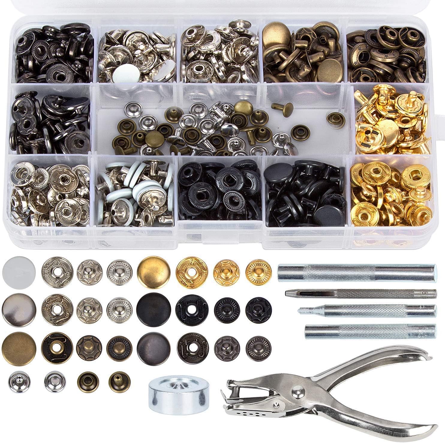 480Pcs Snap Fasteners Kit + Leather Rivets, Snap Fasteners, Metal Snaps Button Canvas Snaps Kit Press Studs with Punch Pliers for Leather, Coat, Down Jacket, Jeans Wear, Bags, DIY Craft, Shoes