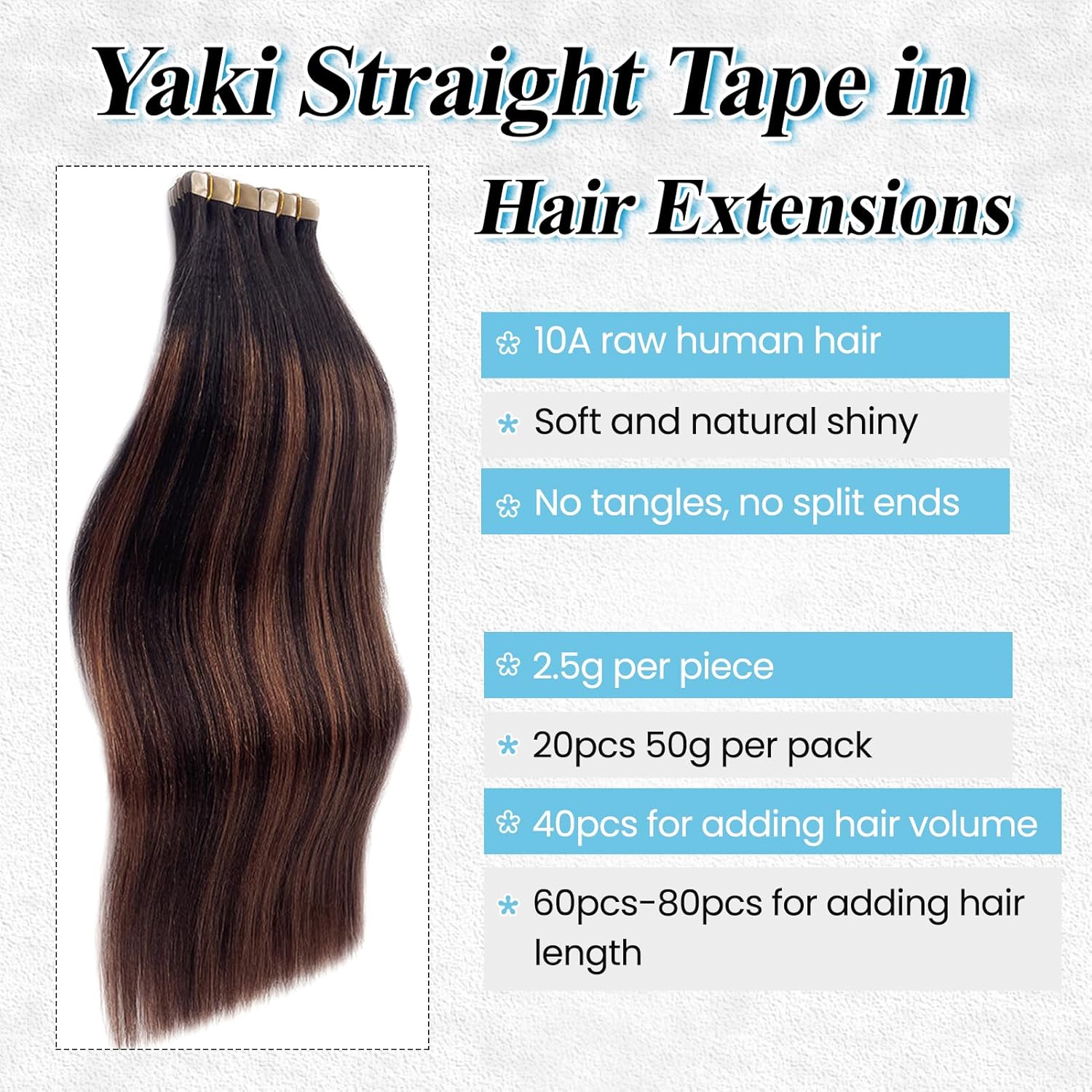 Balayage Yaki Tape in Hair Extensions Human Hair, Light Yaki Straight Tape ins for Black Women 14 Inch Natural Black with Chocolate Brown Highlight Remy Extension with Dark Roots