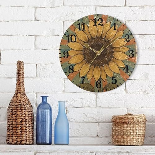 Miniatura 7 de KLL Retro Sunflower Poster 10 Inch Round Contemporary Wall Clocks Non Ticking Indoor for Bedroom Dining Room Bedroom reloj de pared para sala