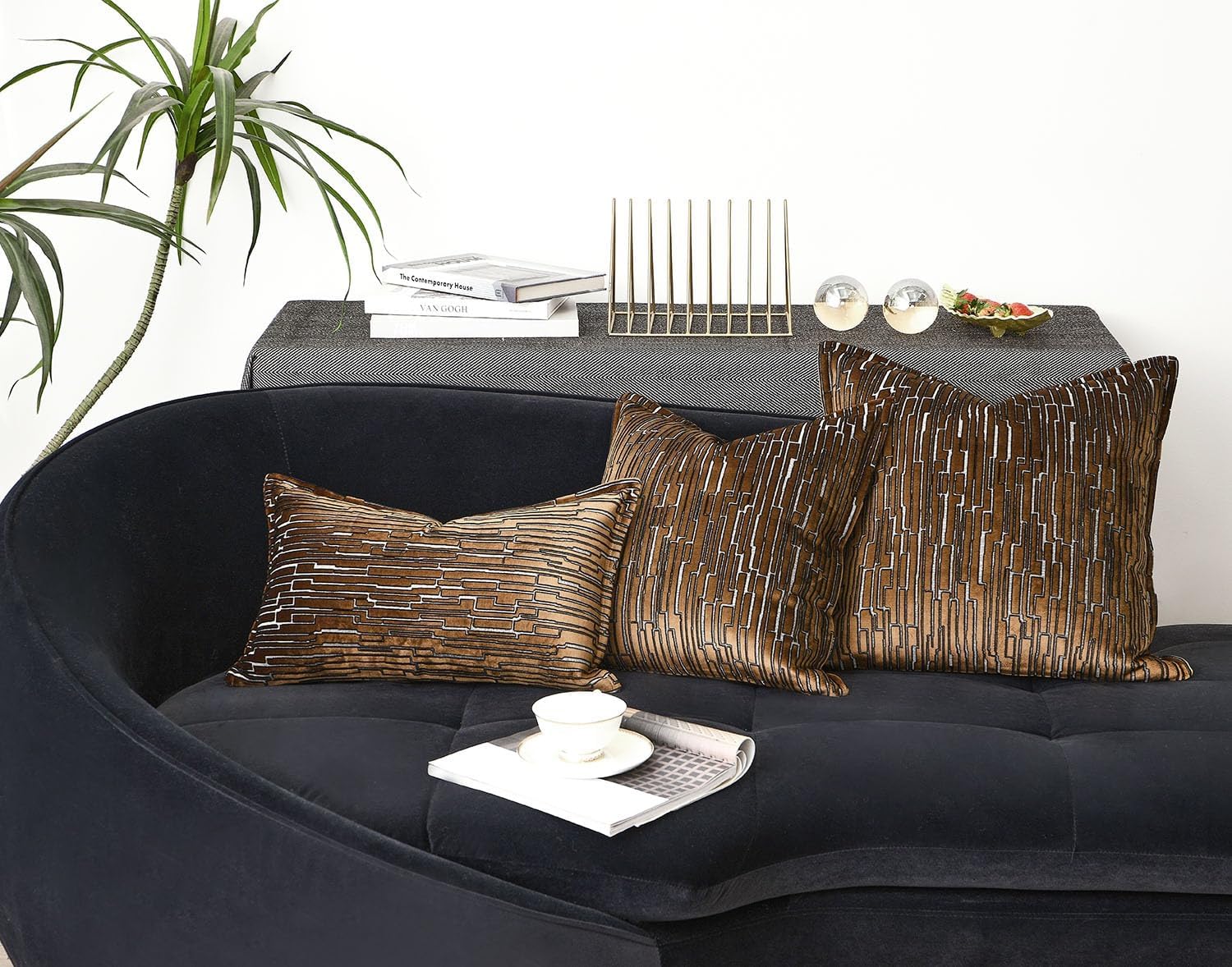 Brown Velvet Pillow Cover 12x20, Abstract Stripe Pattern Cushion Case, Soft Decorative Throw Pillow Covers with Hidden Zipper for Sofa, Living Room, Bedroom – No Shedding, No Fading