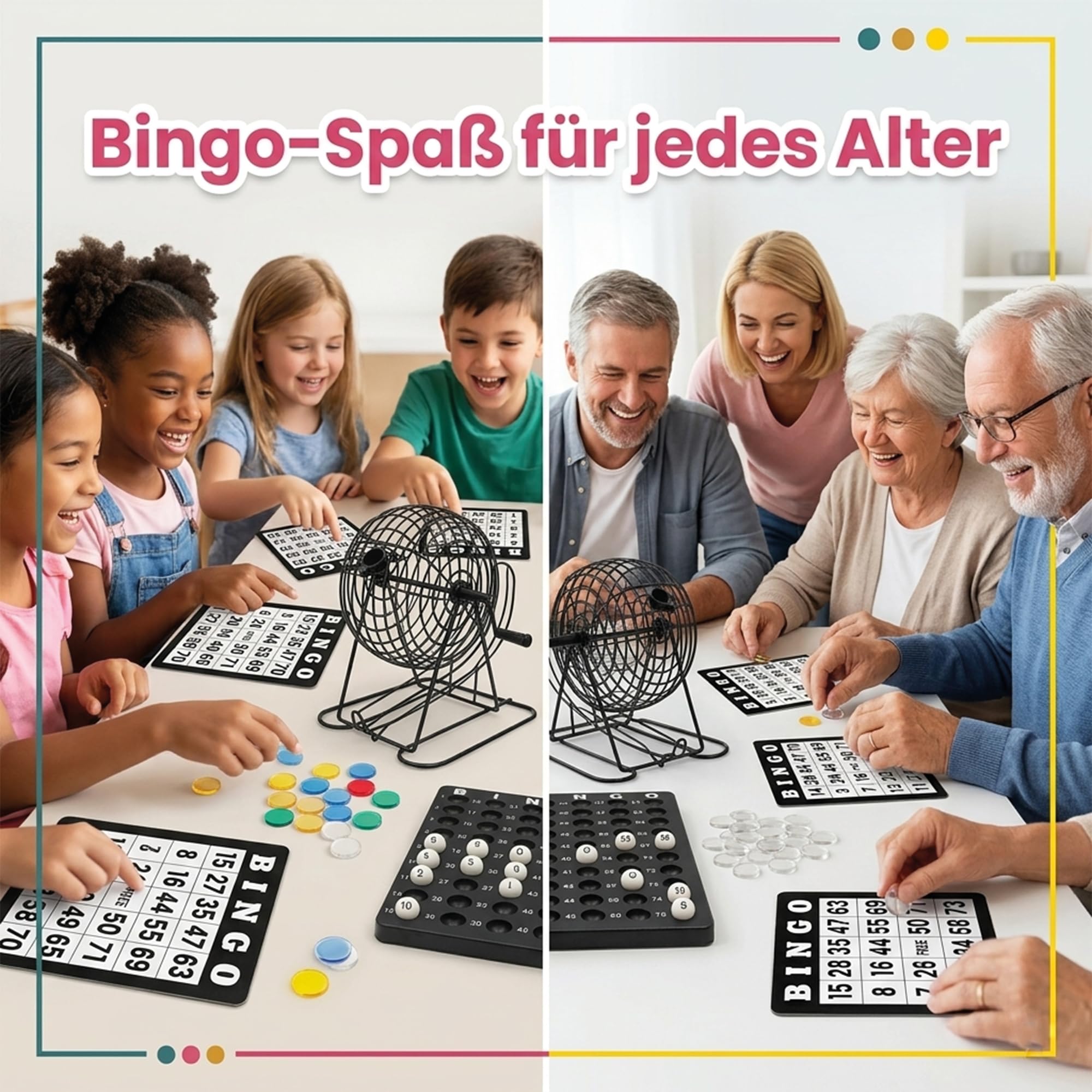 Kyto Bingo Spiel Metalltrommel 18 Bingotickets 75 Bingo Kugeln 150 Chips Spielbrett schwarz Erwachsene Kinder Basic (2026)