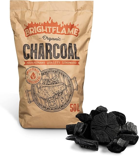 Brightflame Organic Restaurant Grade Lumpwood BBQ Charcoal for Barbecues, Pizza Ovens, Kamado bbq, Fire pits, Braai, Camping barbecue, and more, 50L bag (1x50L), Black (BF50)