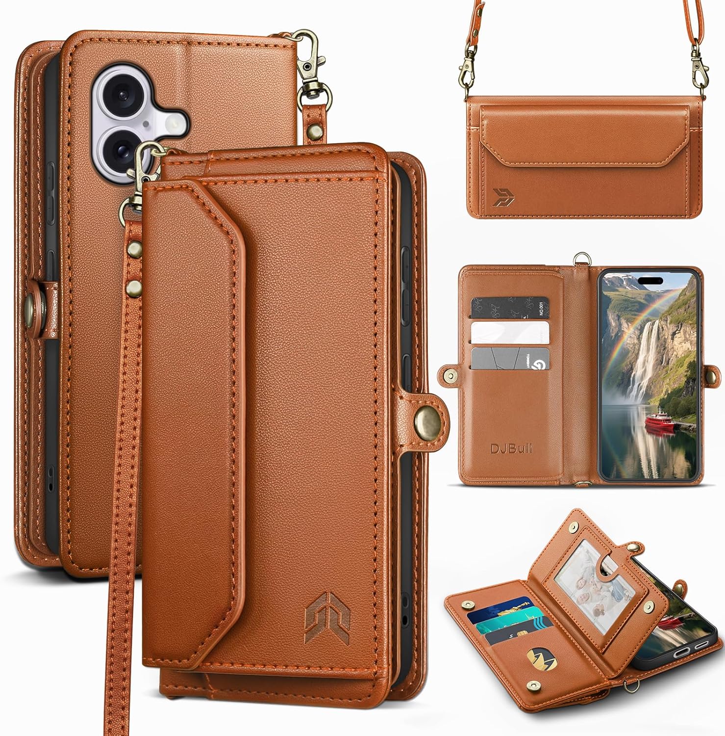 DJBull for iPhone 16 6.1" Wallet Case with Card Holder, Shoulder and Wristlet Straps, Soft PU Leather, Magnetic Snap, Flip Phone Case for Women Men for Apple 16 Light Purple