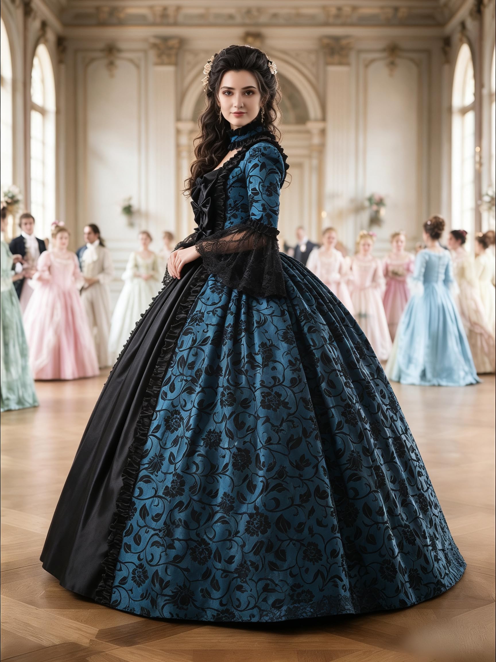 CountryWomen 18th Century Damen Rokoko Ballkleid Druck Lang Gothic Viktorianisches Kleid Maskerade Thema Kleider