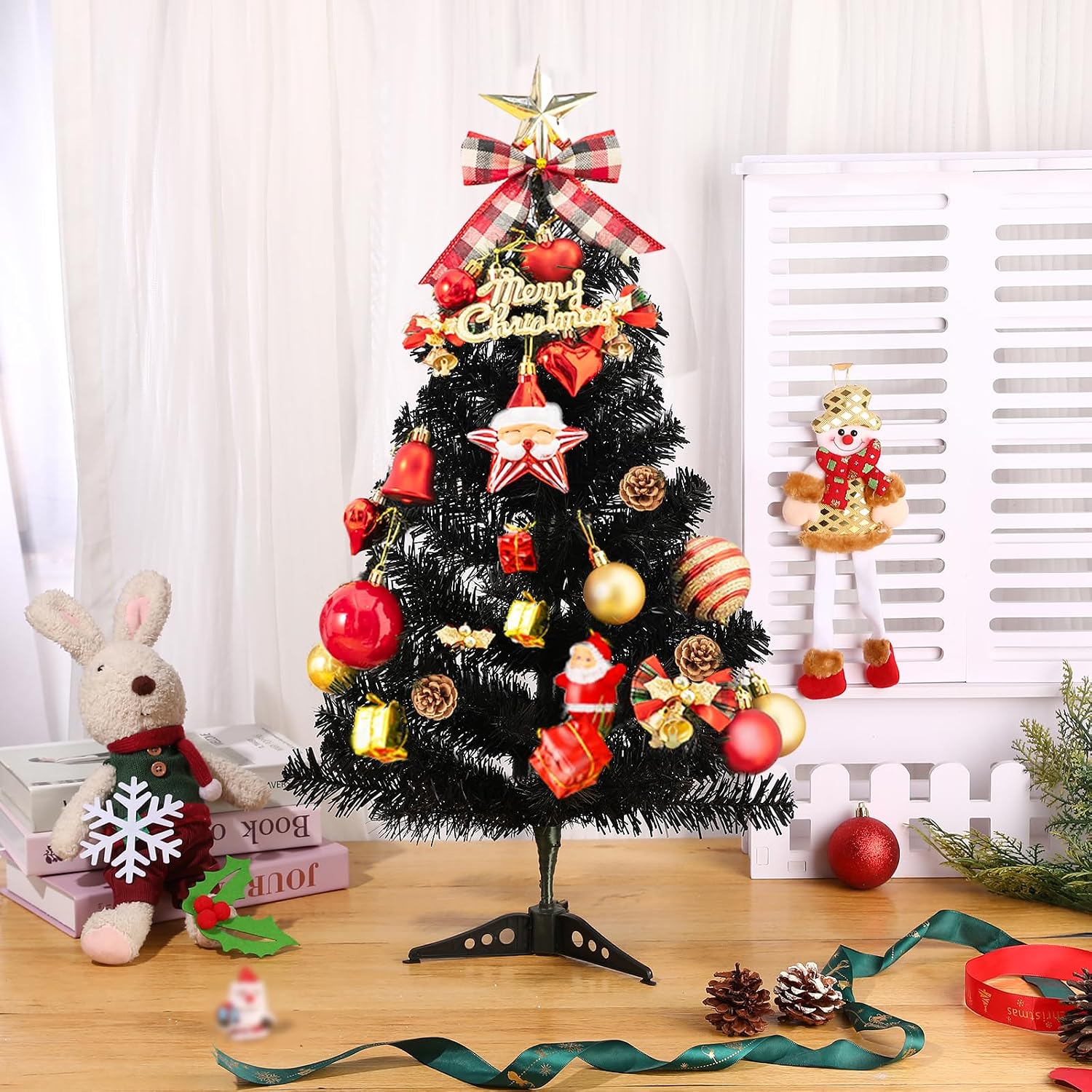 2FT Artificial Christmas Tree Black Tabletop Christmas Tree with Plastic Stand Mini Xmas Pine Tree for Party Supplies Indoor Outdoor Holiday Home Decoration(Black)