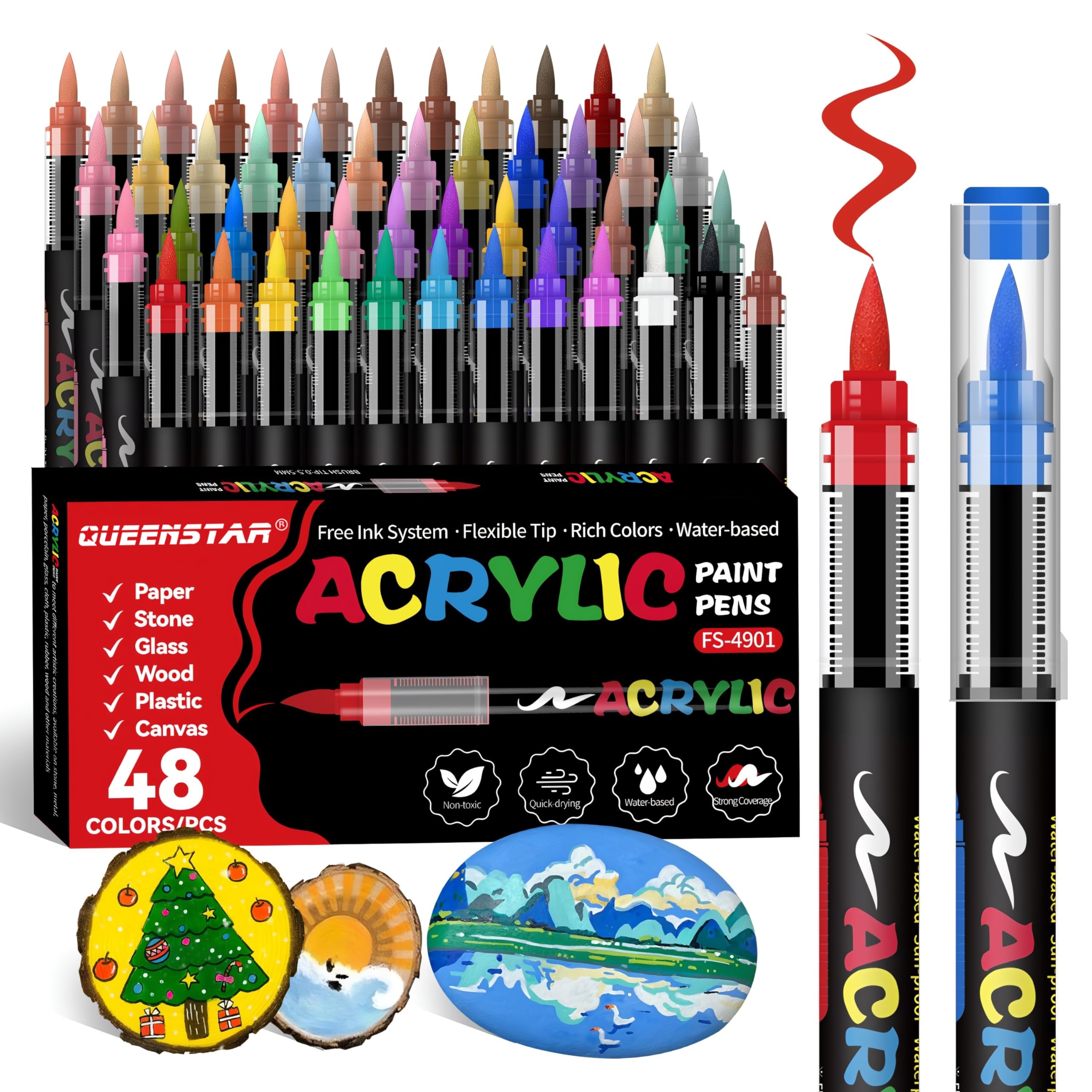 Acrylic Paint Markers Brush Tip, Vivid Colors with Direct-Liquid Ink System, Professional-Grade Paint Pen for Rock Painting, Canvas, Glass, Plastic, Fabric & Creative Crafts (48 Pieces)