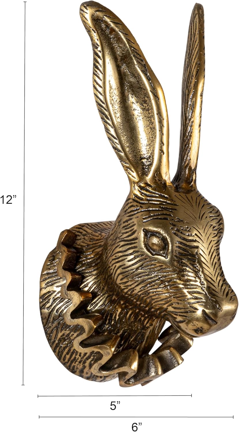 Creative Co-Op Cast Aluminum Rabbit Head with Ruff Collar Wall Décor, Antique Brass Finish