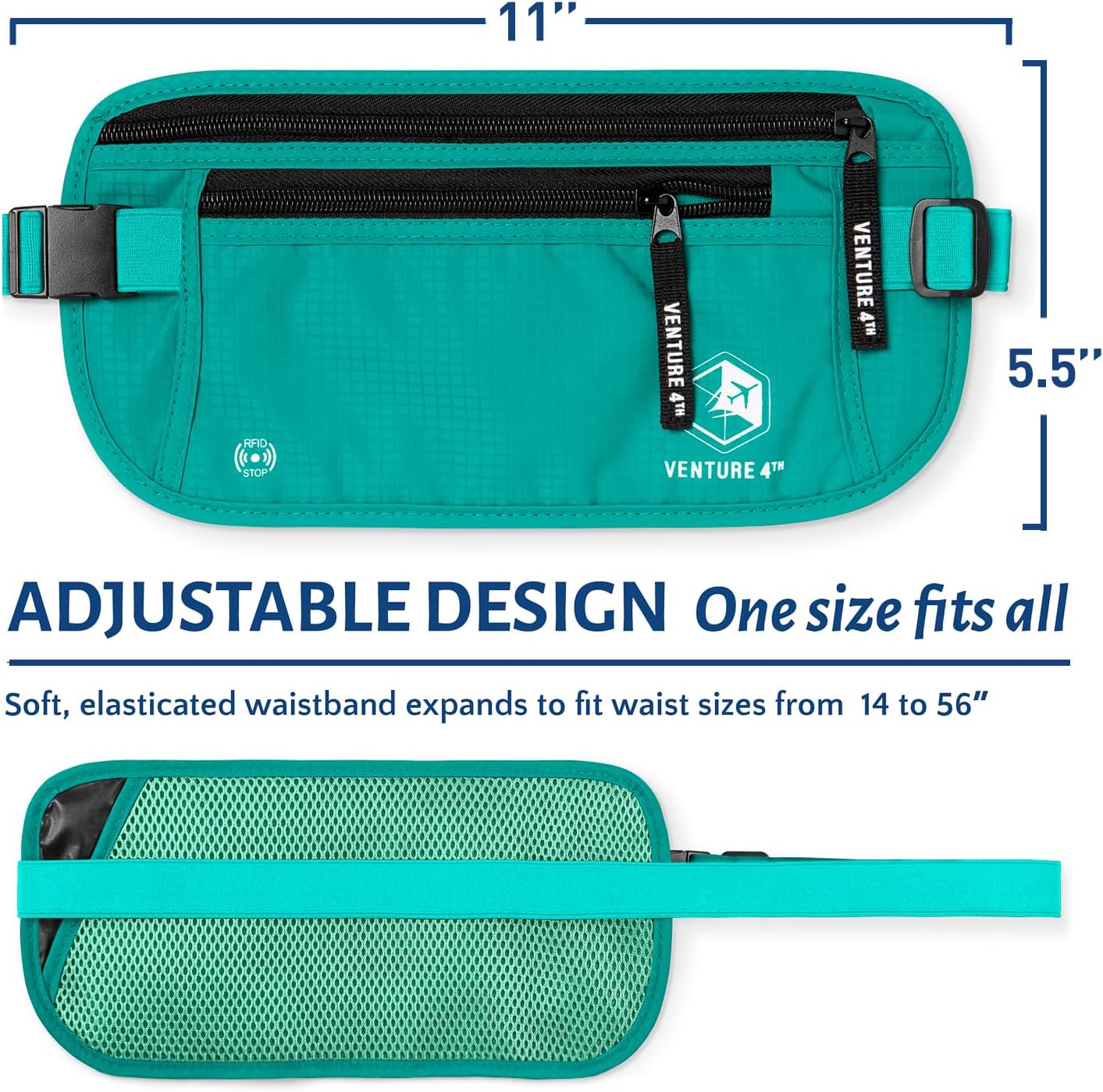 VENTURE 4TH Money Belt for Travel – Hidden Under-Clothes RFID Blocking Passport Holder & Slim Travel Wallet Pouch for Men & Women to Protect Cash, Cards & Documents (Turquoise) - Image 2