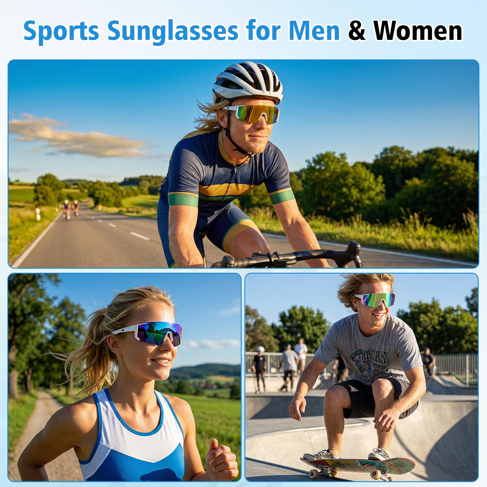 Lot de 3 Lunette de Vitesse, Protection UV400 Lunette Running Femme Homme, Ultra-Léger Lunette Velo, Lunettes de Cyclisme avec Plaquettes Nasales Réglables, pour Vtt, Cycliste, Randonnée, Ski