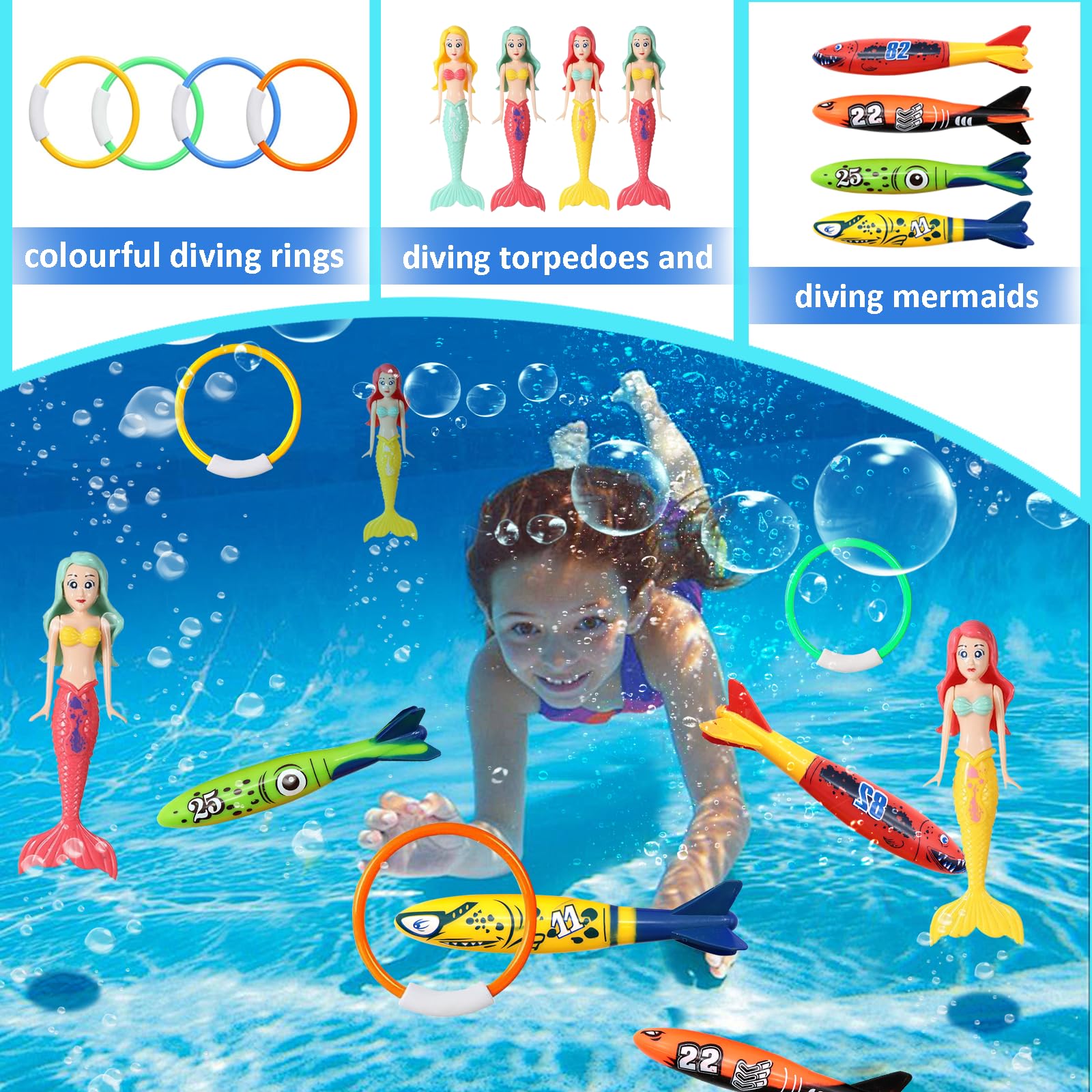 Set Giocattoli Subacquei Per Piscina – 4 Anelli E 4 Sirenette Luminescenti – Giochi Acqua Per Bambini, Training Nuoto
