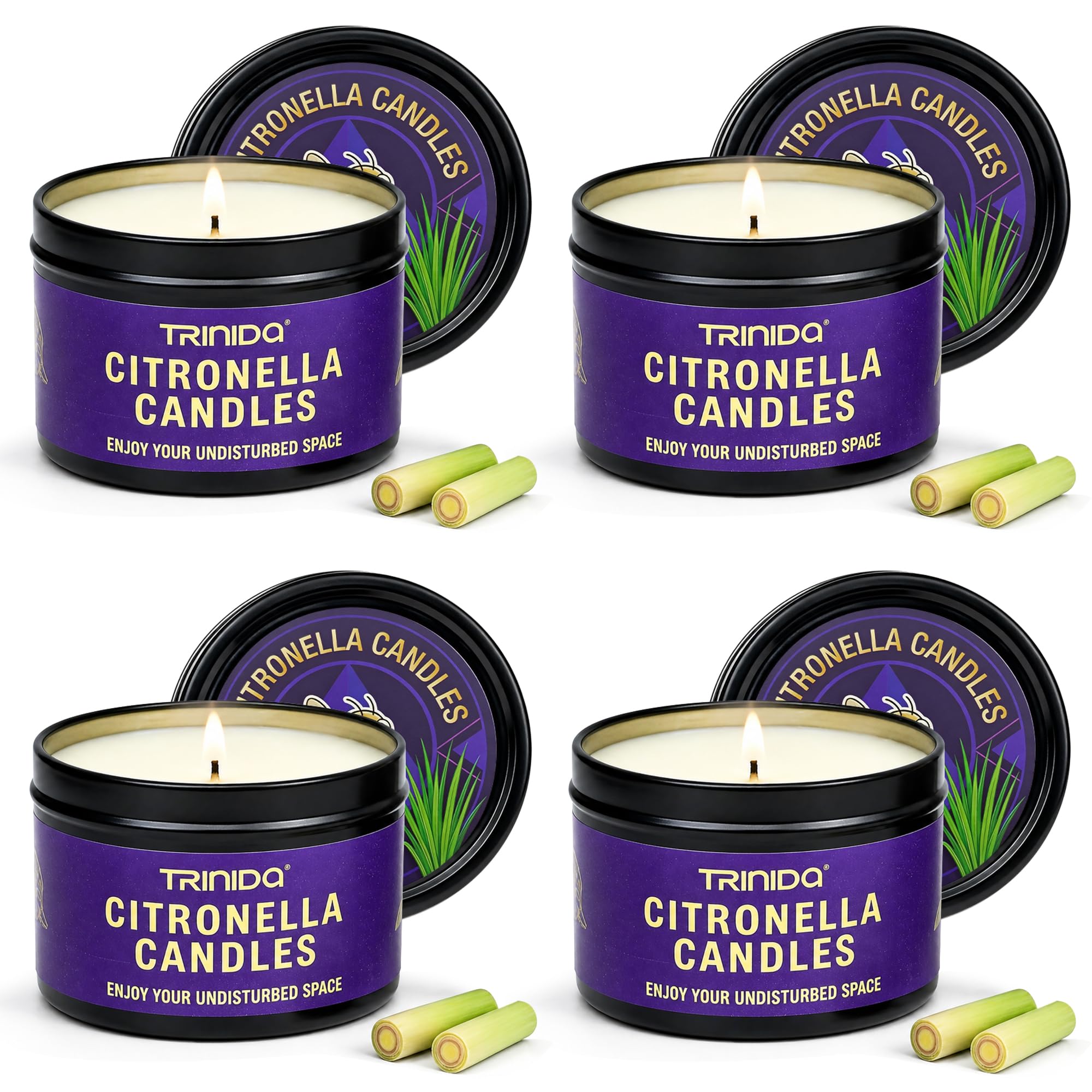 TRINIDa Citronella Candles Outdoor Indoor, 4 Pack 4.4oz Soy Wax Candles, Black Jar Candles with Lids, Natural Citronella Essential Oil Candles for Patio, Balcony, Camping, Summer Gift