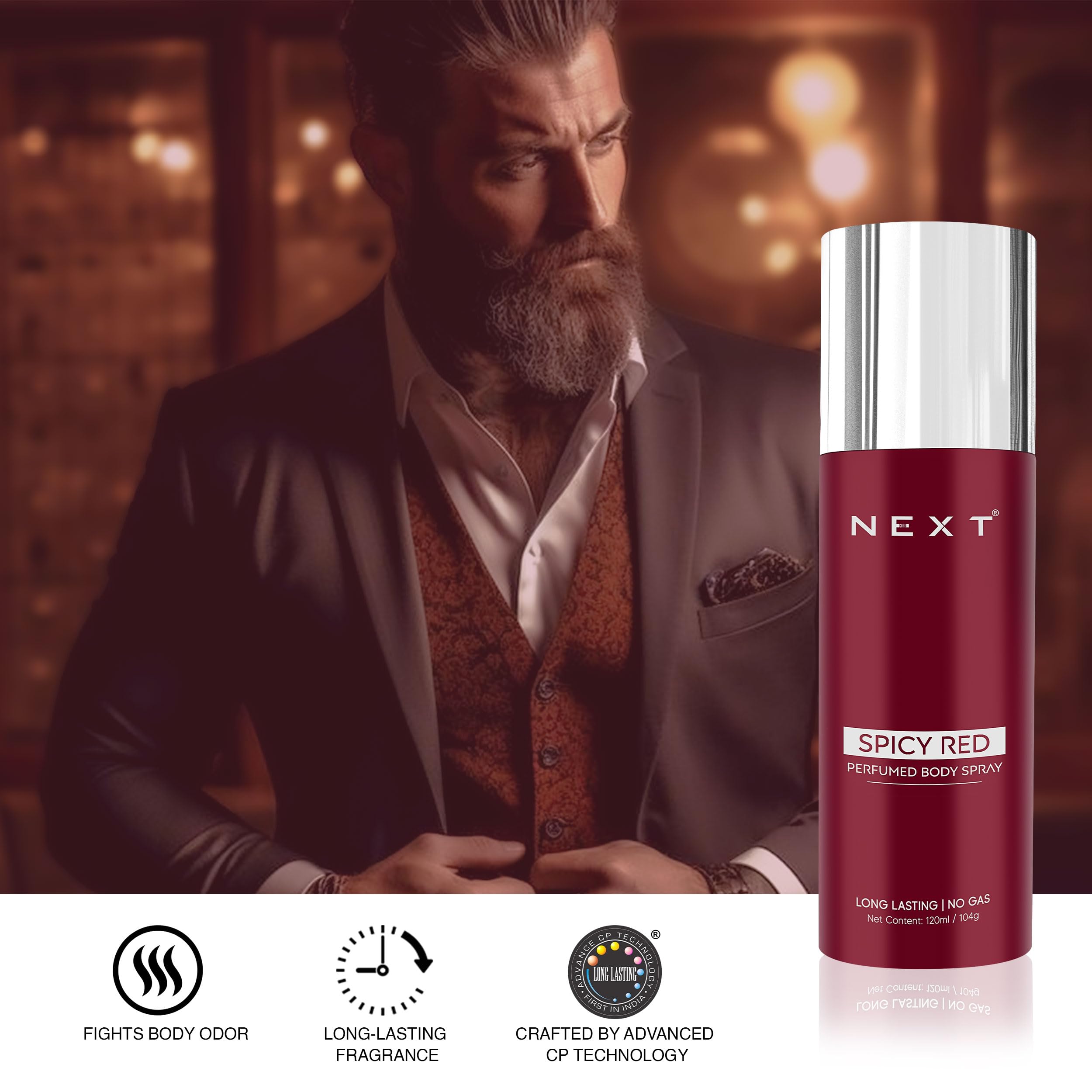 Next Care Spicy Red No Gas Perfumed Body Spray, Long-Lasting Unisex Deodorant Spray with Coriander & Bergamot Notes, 120 ml 3