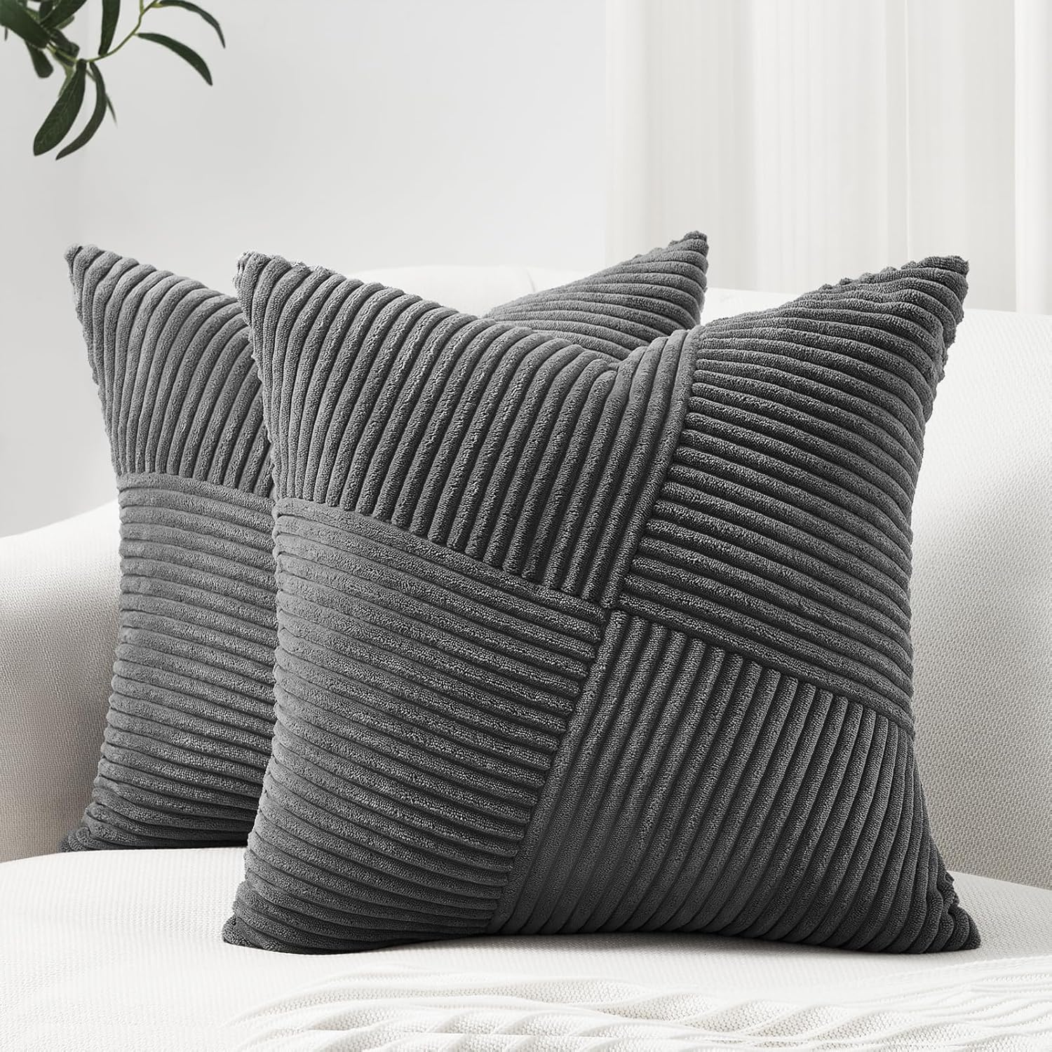 topfinel pack of 2 decorative throw pillow covers 18x18 inch soft corduroy boho textured striped patchwork pillow covers farmhouse rustic home decor for spring sofa living room couch bed darkgrey darkgrey 18" x 18" (pack of 2)