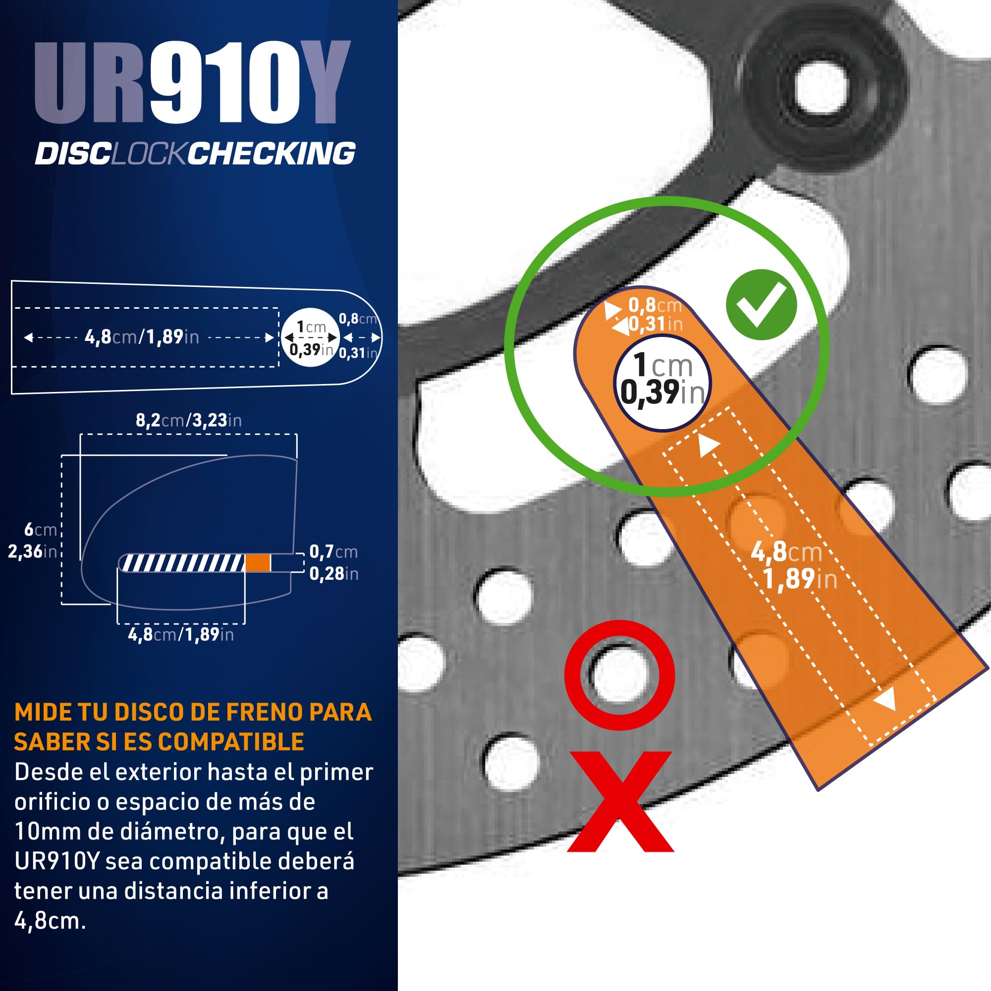 URBAN UR910Y Candado Moto con Alarma 120 dB, Amarillo+Negro Acero Inox Pintado +Disuasorio, Homologado SRA & Sold Secure Gold, Doble Cierre Ø10mm, Bateria CR2, Antirrobo Pinza Cepo Disco Freno Scooter