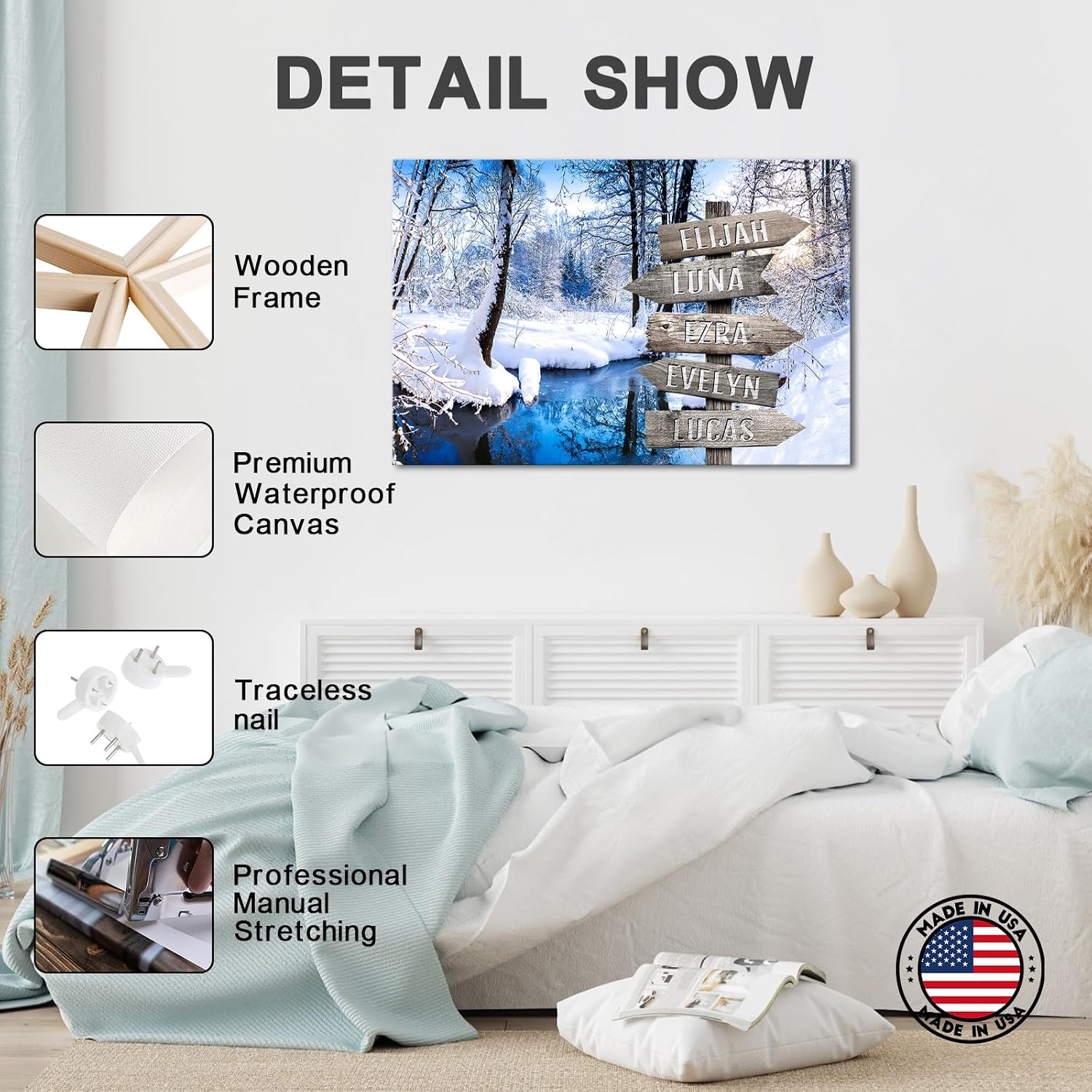 iLOOKLiKE Winter Forest Personalized Street Sign with Family Name Wall Art Custom Multi Names Canvas Prints Snowy Tree with Lake Nature Landscape Pictures Painting Gifts for Home Decor Anniversary