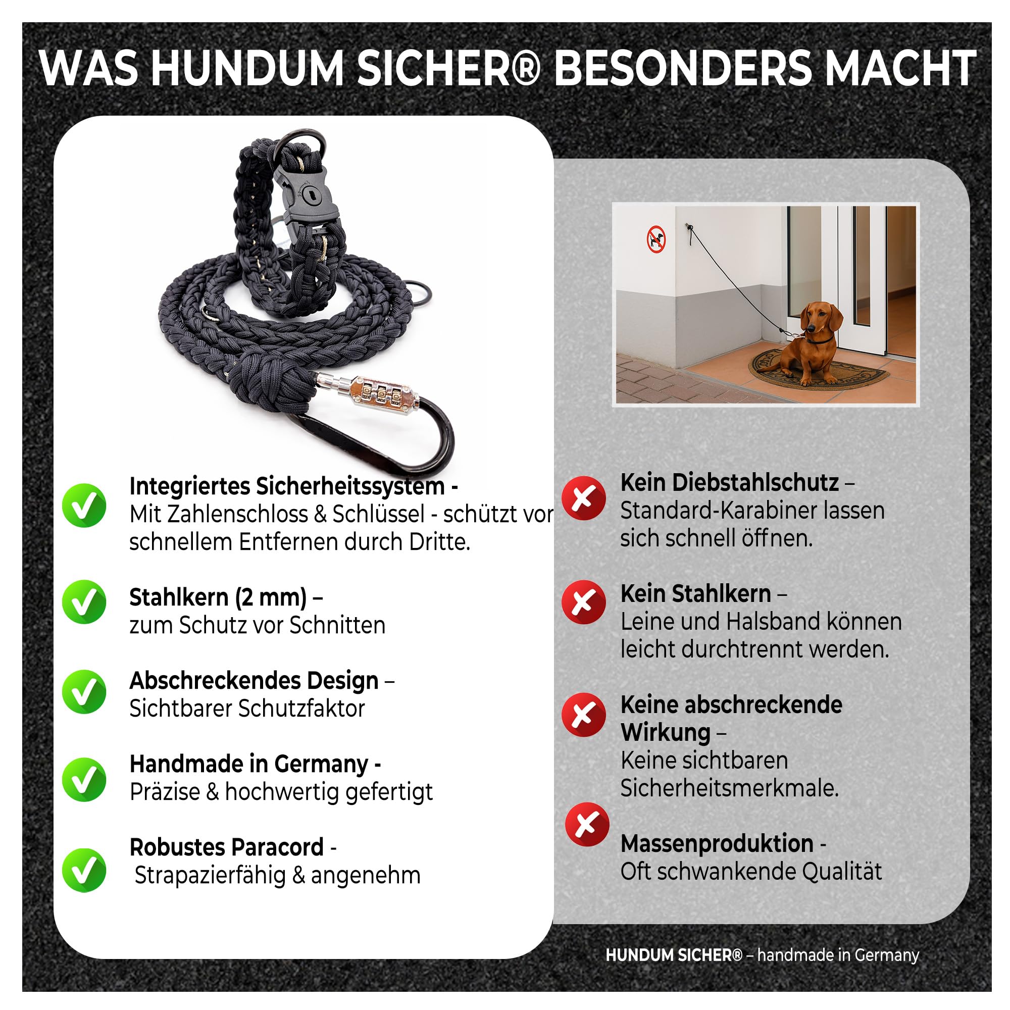 Anti-Diebstahl Hundehalsband & Leine für große Hunde - Abschließbar & schnittfest, handgemachtes Set aus Paracord mit Stahlseil-Kern (Leine M (180cm))