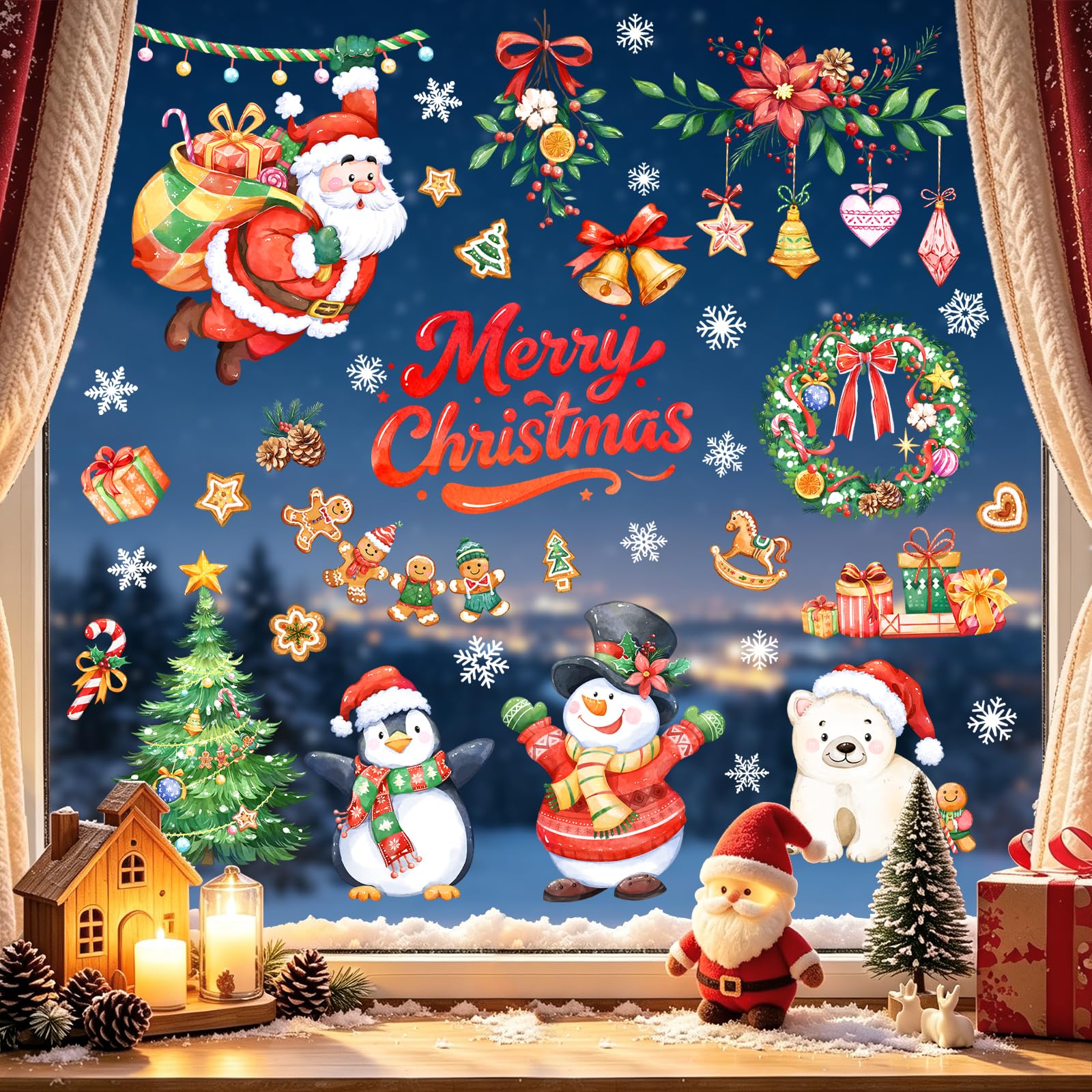Tanlaby Christmas Window Stickers Xmas Snowman Santa Claus Window Clings