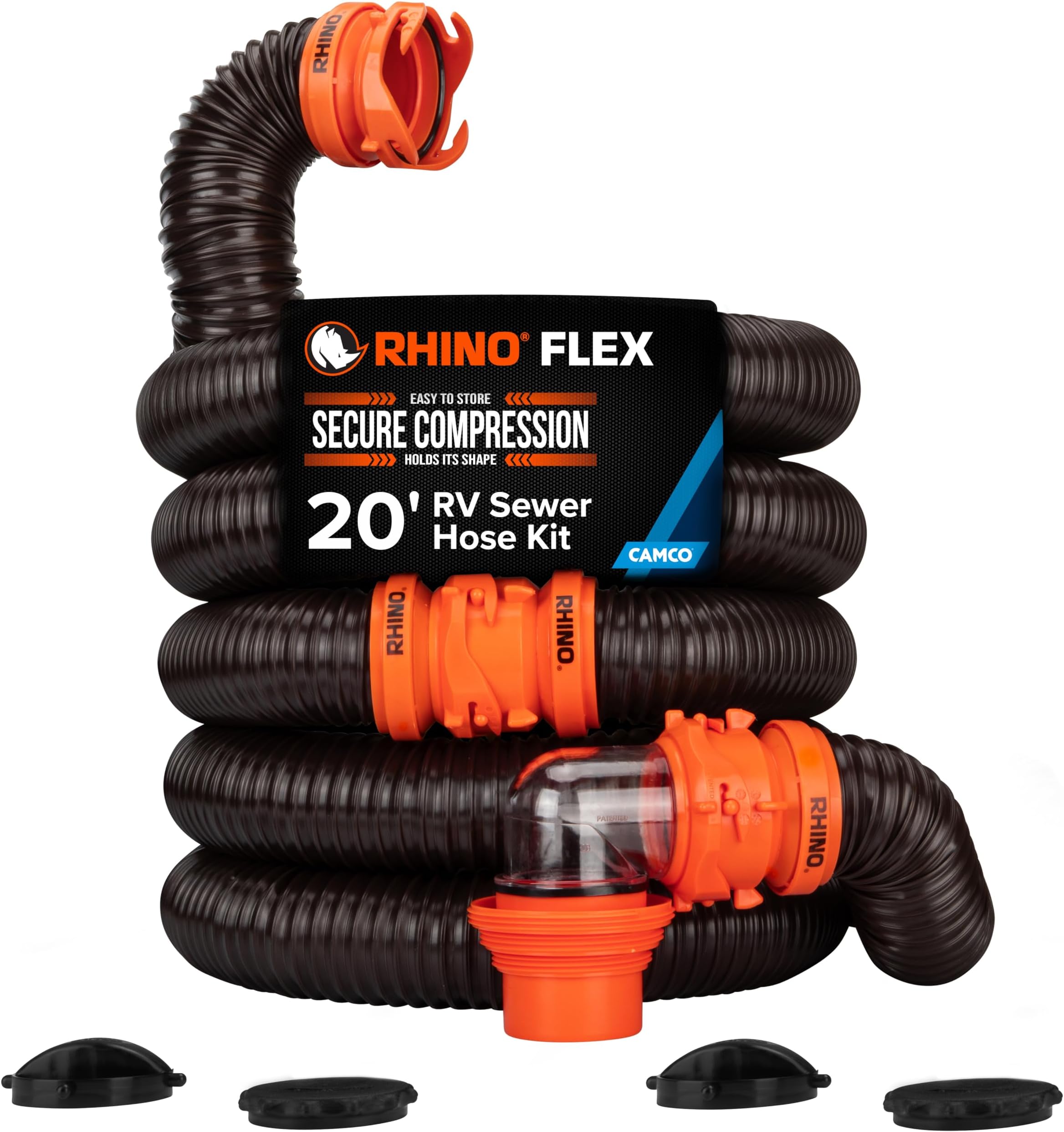 Camco RhinoFLEX 20' Camper/RV Sewer Hose Kit - Includes 4-in-1 Adapter, Clear Elbow, & Caps - Connects to 3″ Slip & 3″, 3 1/2″, 4″ NPT Threaded Sewer Connections (39742)