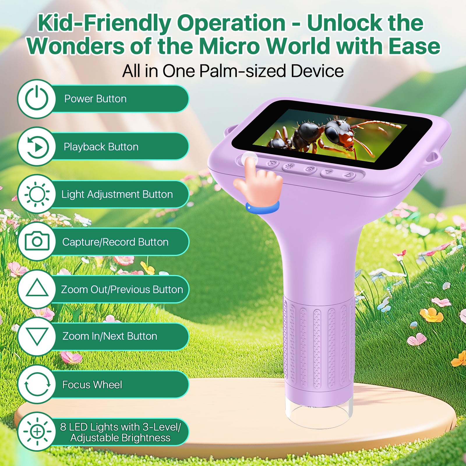 Microscope Enfant Numérique de Poche Portable: 3.0" Grand Écran 1000X 32GB Microscope Rechargeable Kit de Lames Biologiques Loupe Cadeau Scientifique pour Enfants Violet