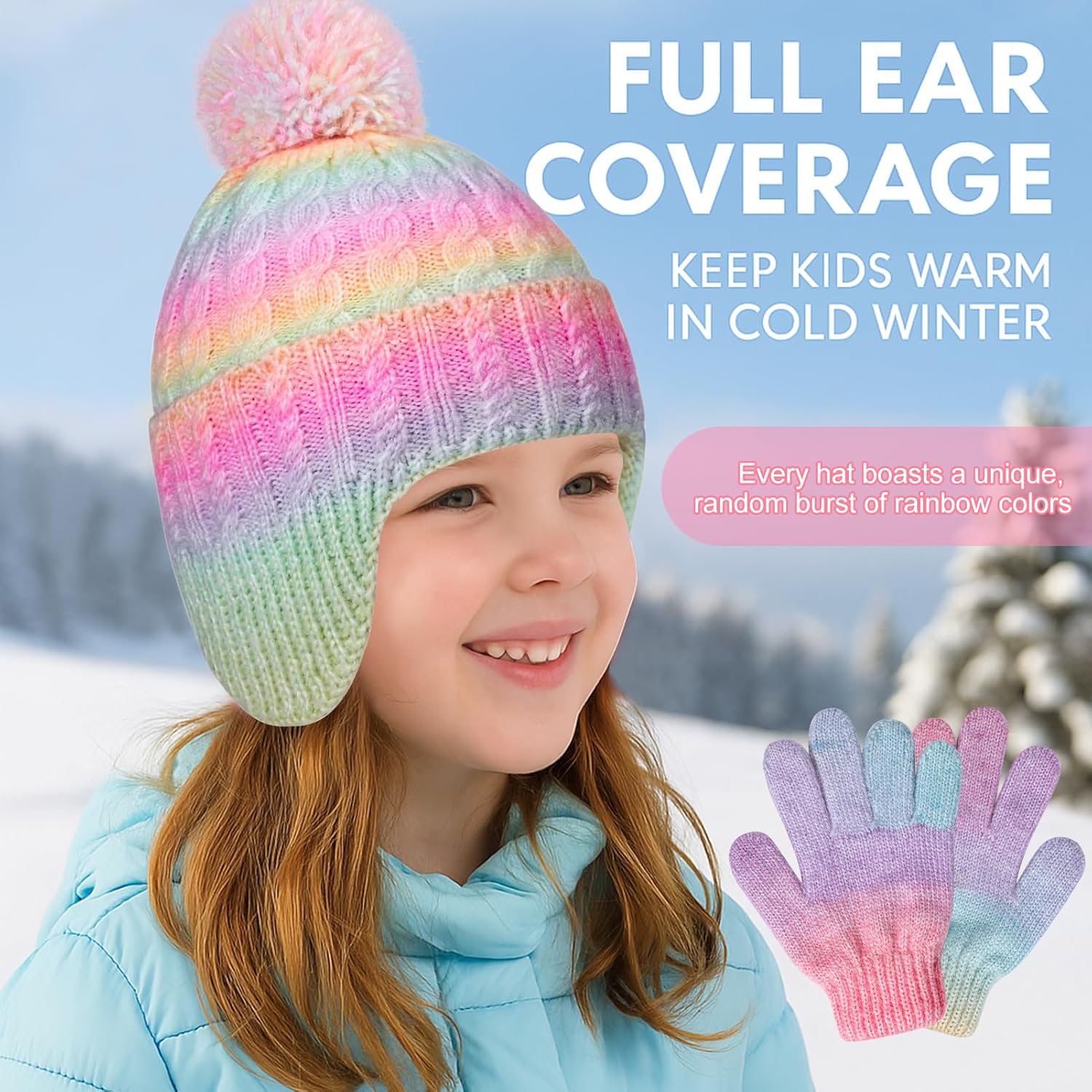 Kids Winter Hat Gloves Set, Girls Toddler Children Warm Beanie Hats and Mittens Cold Weather Set for Ages 3-8 - Image 2