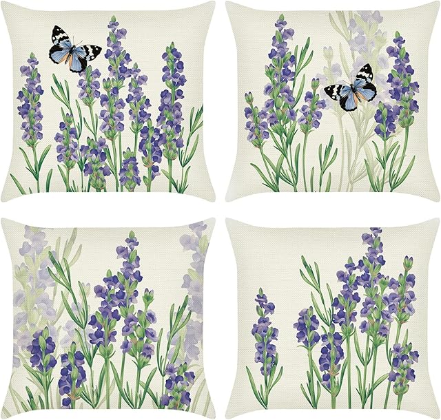 Bonhause Lavender Flower Cushion Covers 45 x 45 cm Set of 4 Vintage Floral Decorative Purple Spring Pillow Covers Polyester Linen Pillowcases for Sofa Couch Bed Garden Outdoor Home Decor