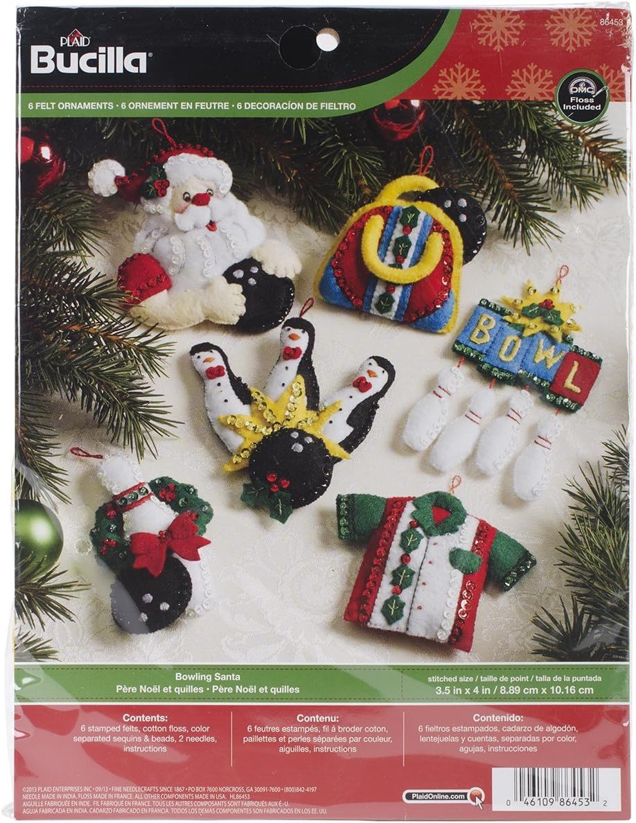 BUCILLA Bowling Santa Felt Applique Ornaments Kit, 3-1/2 by 4-Inch, Set of 6