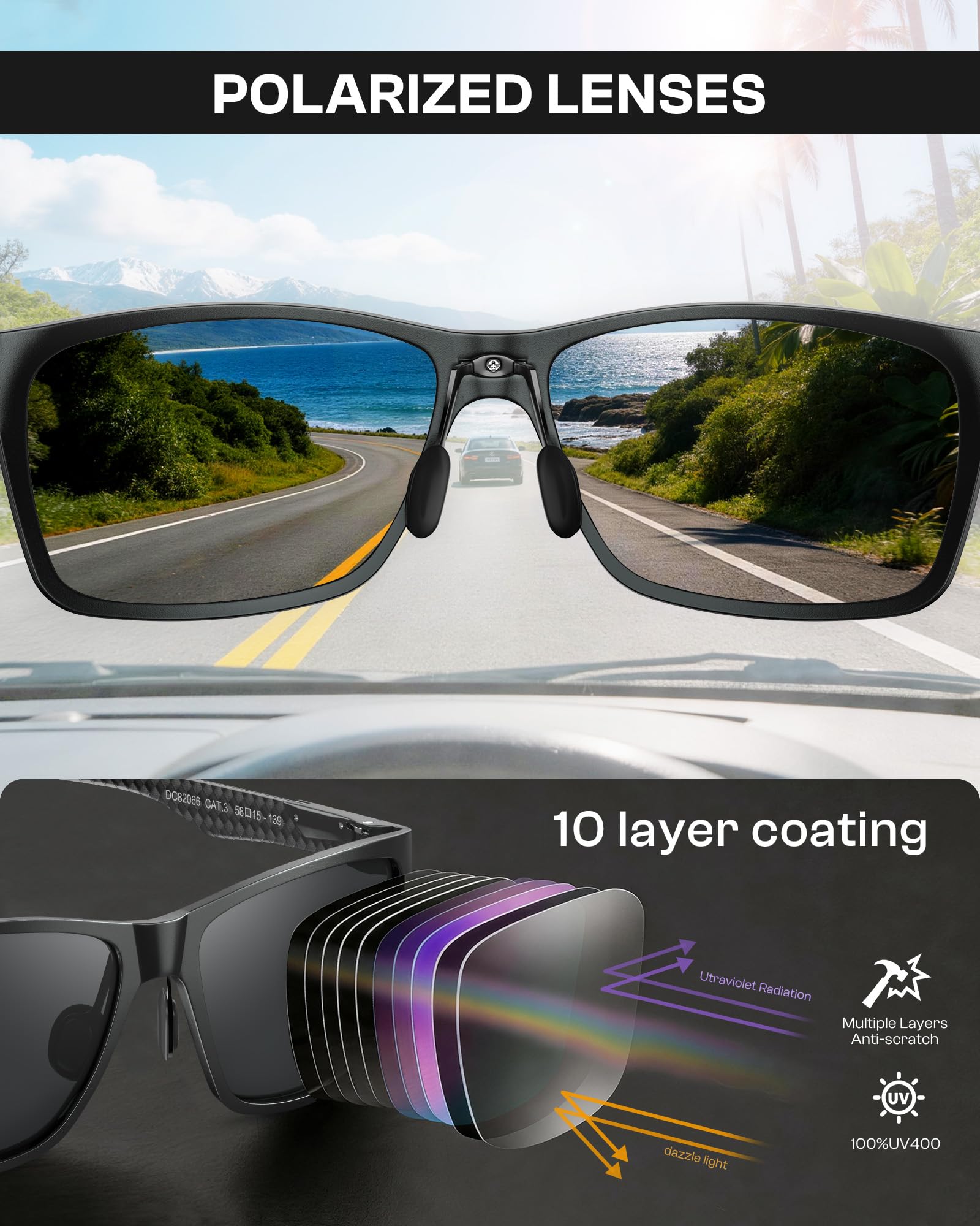 DUCO Męskie polaryzacyjne okulary przeciwsłoneczne z prostokątną metalową oprawką i włóknem węglowym, nogi UV400 CAT 3 8206 | UV400, antyodblaskowe, do jazdy, jazdy na rowerze i wędkarstwa, zauszniki z włókna węglowego