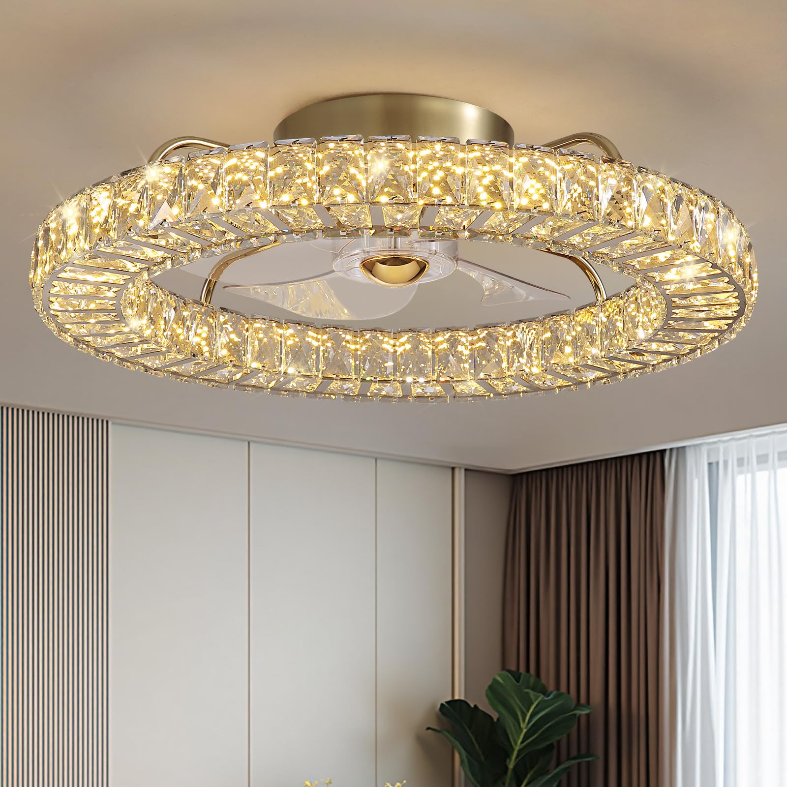 LUDOMIDE Flush Mount Ceiling Fan with Light, 22" Modern Crystal Chandelier Ceiling Fan with Smart 4-Light Color Change, Luxury LED Ceiling Fan, Low