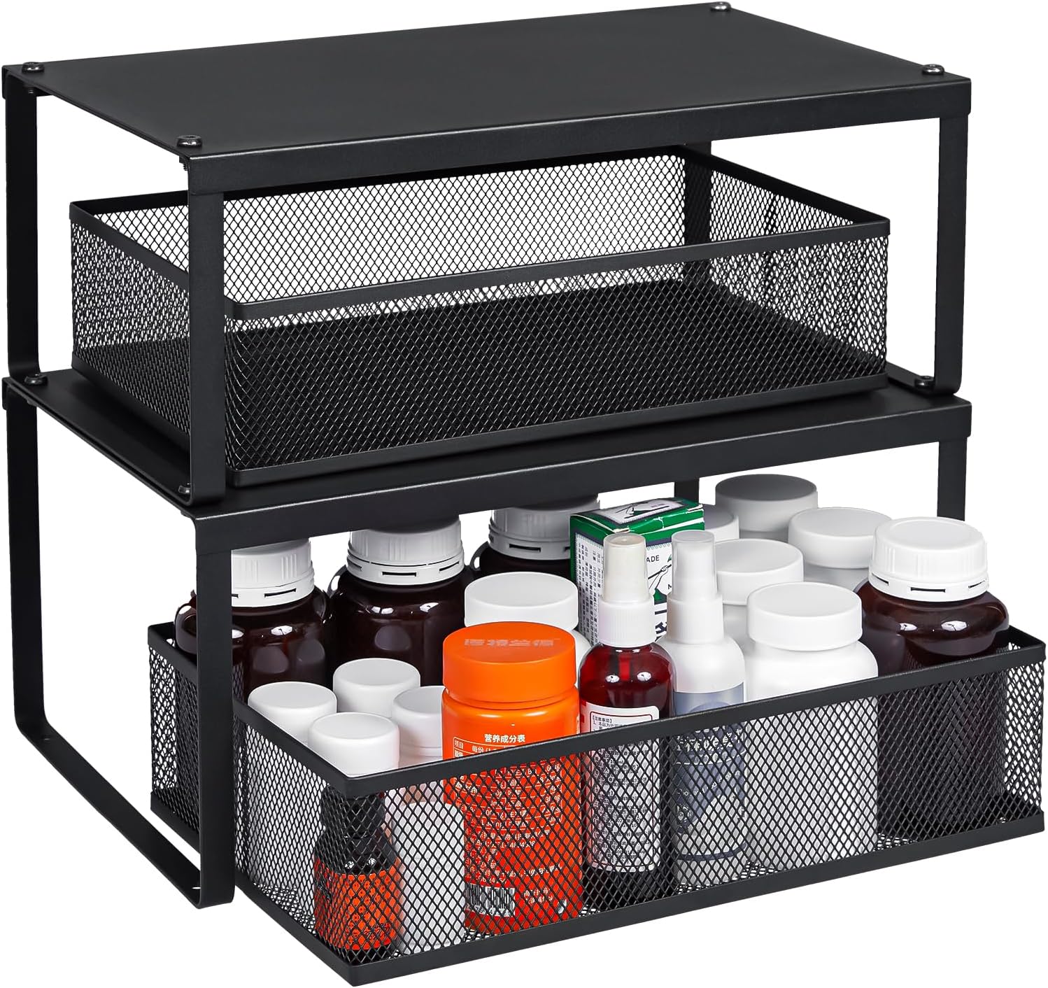 Set Of 4 Kitchen Cabinet Organizer Shelf, 2 Pack Stackable Expandable Cabinet Organizers Shelves With 2 Baskets, Storage Shelves Organizers Stands Racks For Cabinet Cupboard Pantry Kitchen Countertop