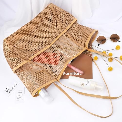 Miniatura 6 de Ayieyill Bolsa de playa de malla para mujer, plegable, grande, con bolsillos con cremallera, impermeable, a prueba de arena