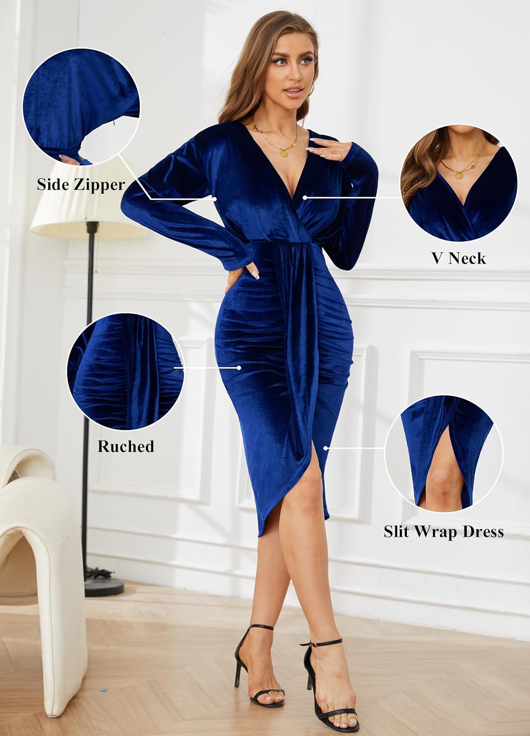 Women's V Neck Long Sleeve Ruched Dress Sexy Velvet Cocktail Party Evening Club Midi Dresses - Image 3