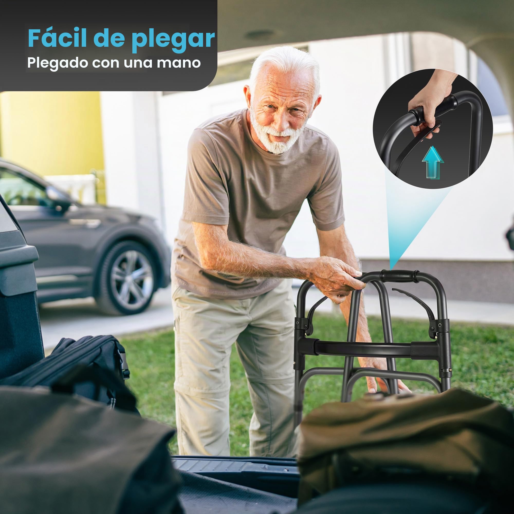 Careboda Andador para personas mayores, marco médico plegable y portátil con ruedas fijas de 12,7 cm, altura ajustable y función de disparador, ideal para adultos