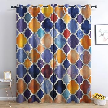 Moroccan Blackout Curtains for Living Room Bedroom, Thermal Insulated Room Darkening Grommet Drapes, Moroccan Tile Window Treatments & Home Decor, 72 Inch Curtains 2 Panel Set