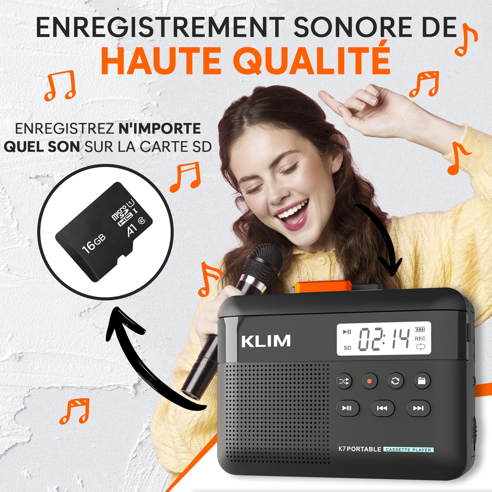 Cassette Player KLIM K7 - Lecteur Cassette Audio - Convertisseur Audio en MP3 - Microphone et Haut-Parleur intégrés - Batterie Rechargeable - Ecouteurs - Carte SD 16GB - Noir-Orange