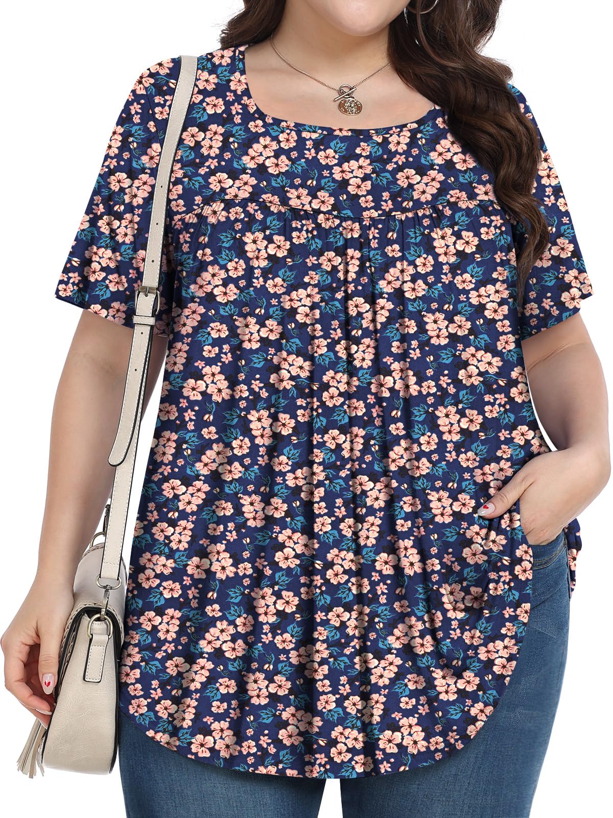 PEVRL Plus Size Tops for Women Summer 2026 Short Sleeve Shirts Tunics Square Neck Casual Loose Blouses 1X-5X