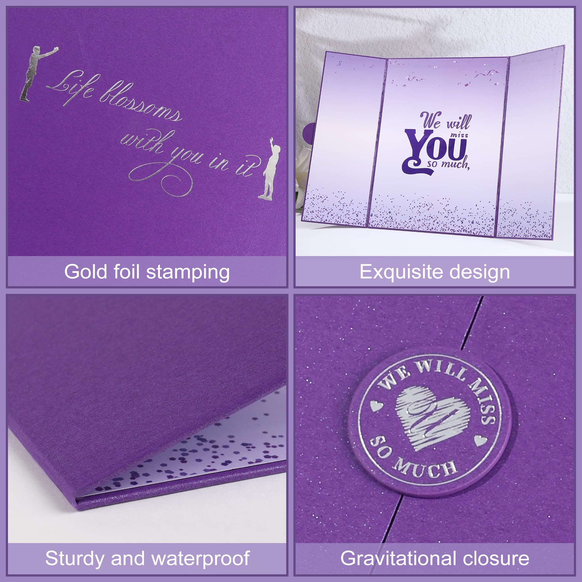 Traumhafte violette Abschiedskarte "We Will Miss You", Dekorationen, Abschiedsparty-Dekorationen, große signierbare Abschiedskarte, alternative Abschiedsgeschenke für Kollegen, Ausgehen