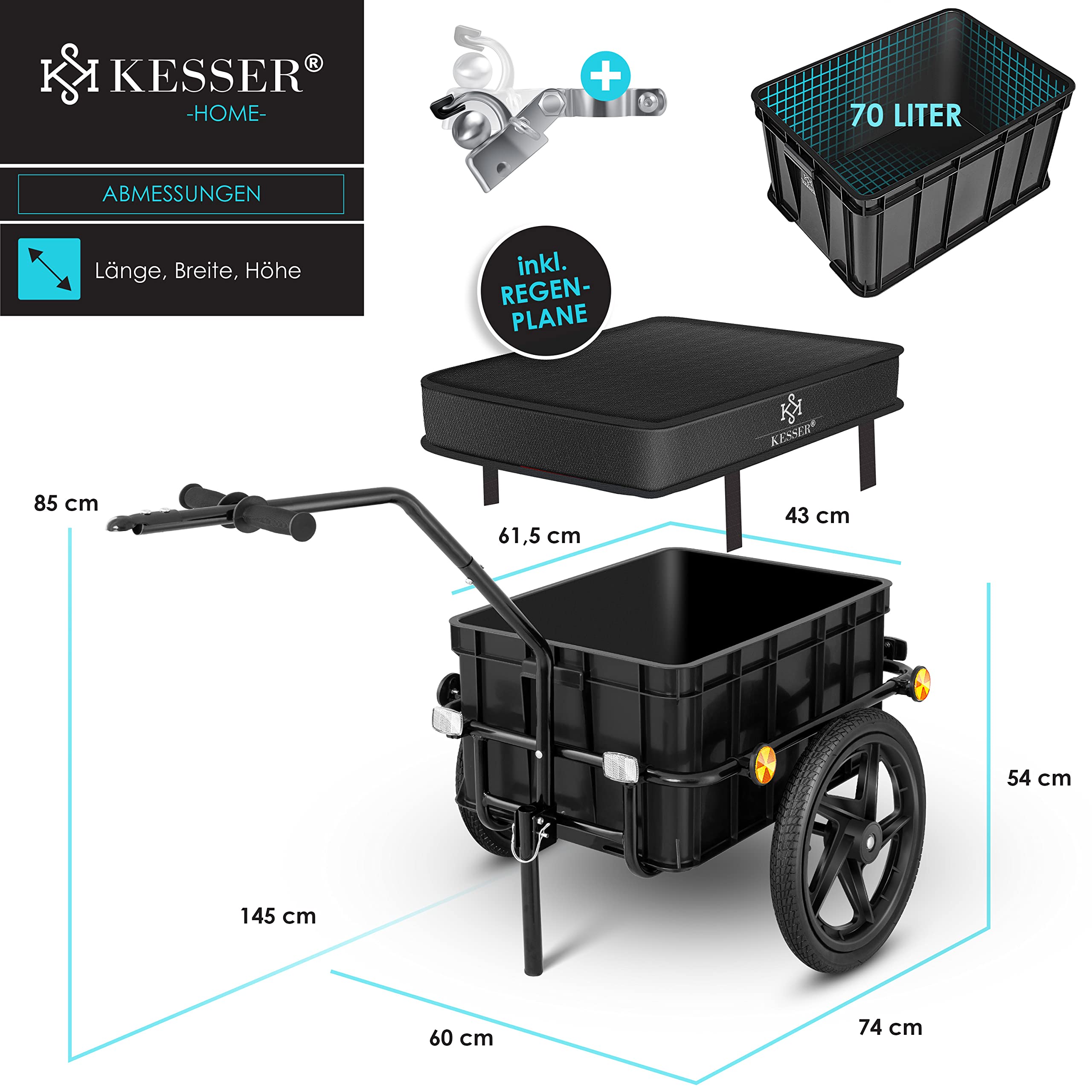 KESSER® Rimorchio per Biciclette Rimorchio di carico Carrello Manuale con Gancio di Traino Barra di Traino Alta per rimorchio per Il Trasporto di Biciclette Trailer Cassa di Trasporto