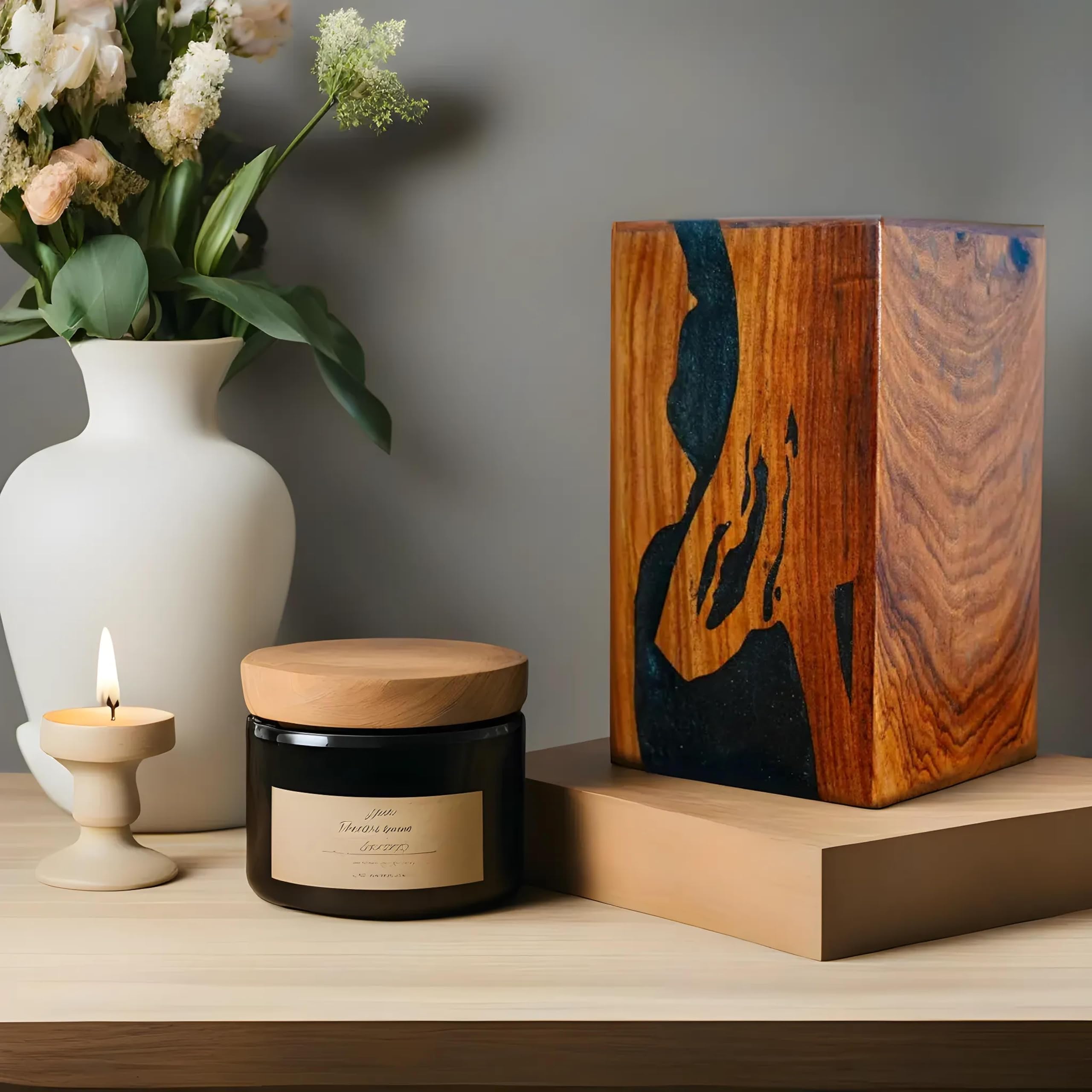 Urna de cremación de madera de rasín negro con patrón de onda, pulida, color azul de madera de rosa, capacidad de 60 pulgadas cúbicas, ideal para entierro o recuerdo