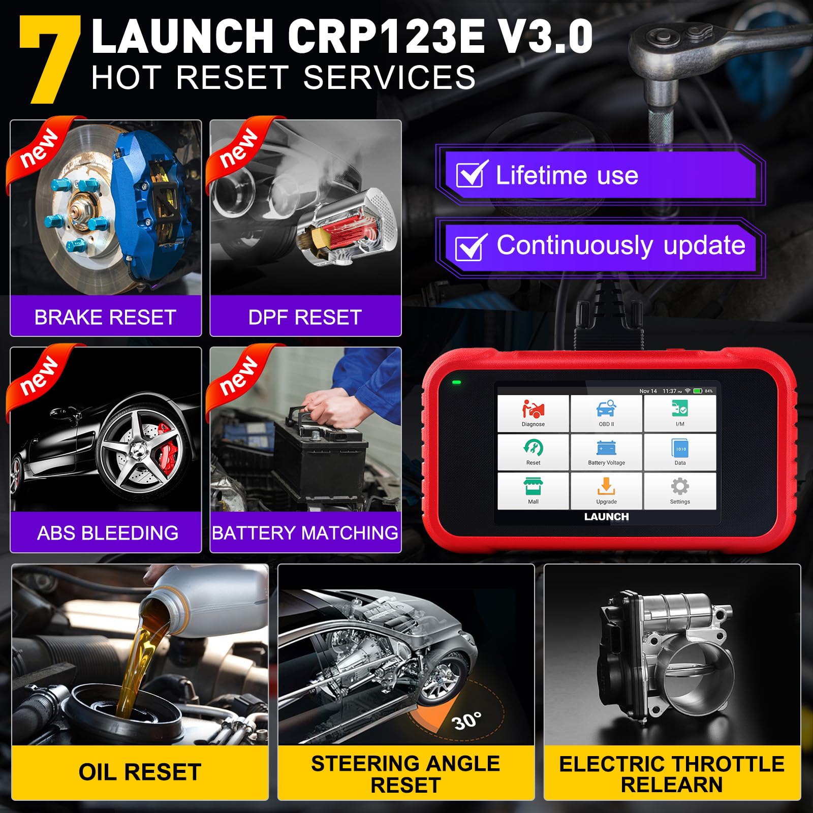 LAUNCH CRP123E V3.0 OBD2 Diagnosi Auto Professionale in Italiano con Sistema Motore ABS SRS Trasmissione e 7 Funzioni di Reset, Reset Olio EPB FAP SAS OBD 2 Diagnostica WIFI Aggiornamento CANFD&DOIP