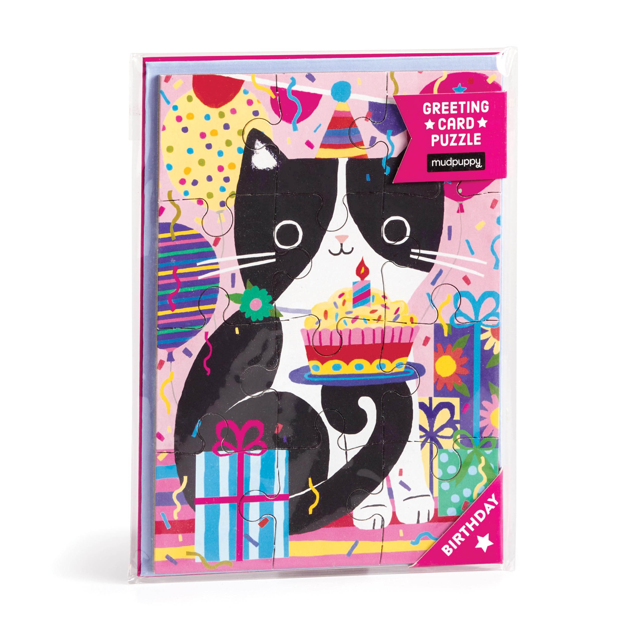 Mudpuppy Purr-fect Cat Birthday – Cat Birthday Themed Greeting Card and Jigsaw Puzzle Includes Color Coordinated Envelope and Sticker Seal