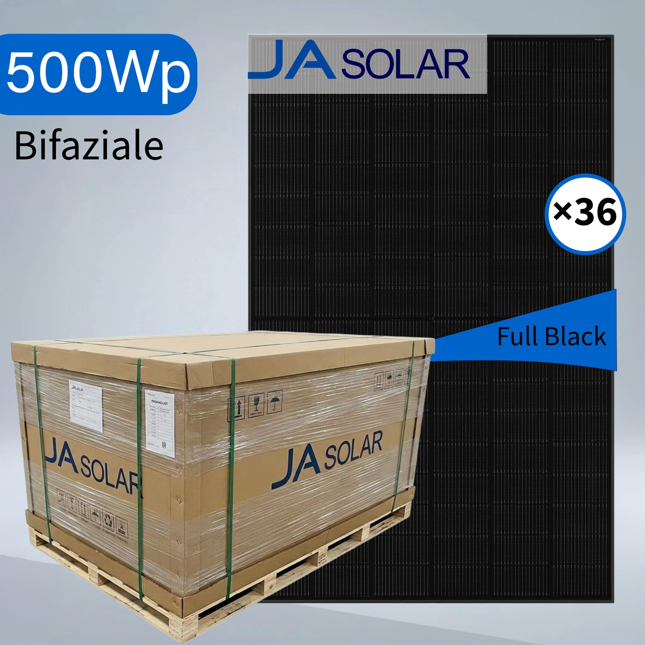 JA Solar 500W N-Typ Bifazial Glas-Glas Solarmodul full black Solar panel 22,6% Effizienz 36 pcs